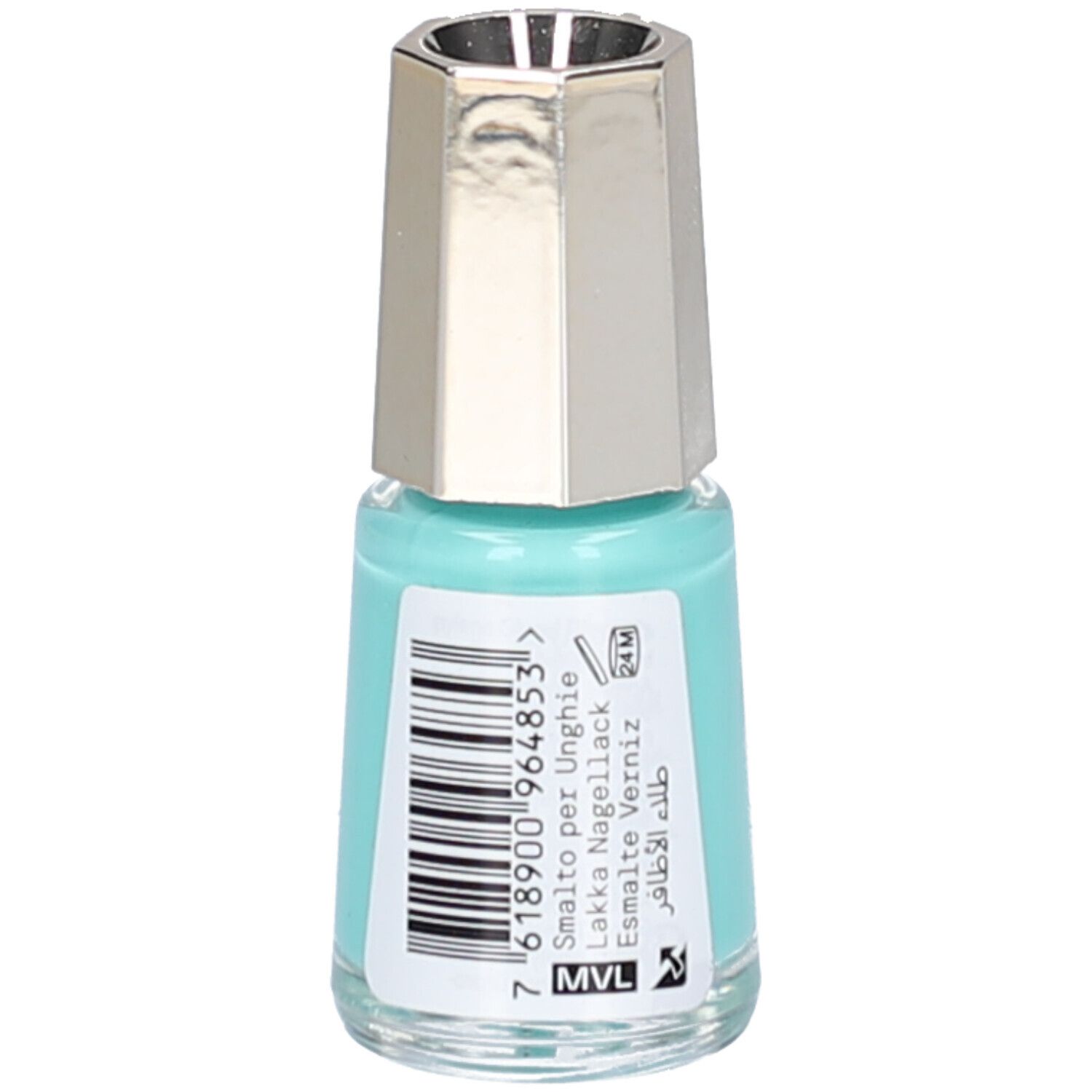 Türkisfarbener Nagellackflakon mit silberfarbenem Deckel. Rückseite mit Barcode und Text: Lakka Nagellack, Esmalte Verniz.