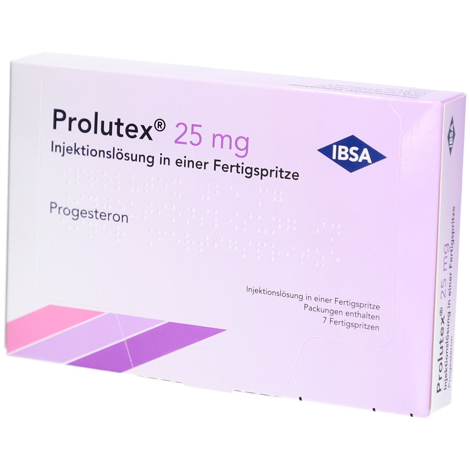 Verpackung von Prolutex 25 mg Injektionslösung. Enthält 7 Fertigspritzen. Marke IBSA. Lila und weiße Farbgebung.