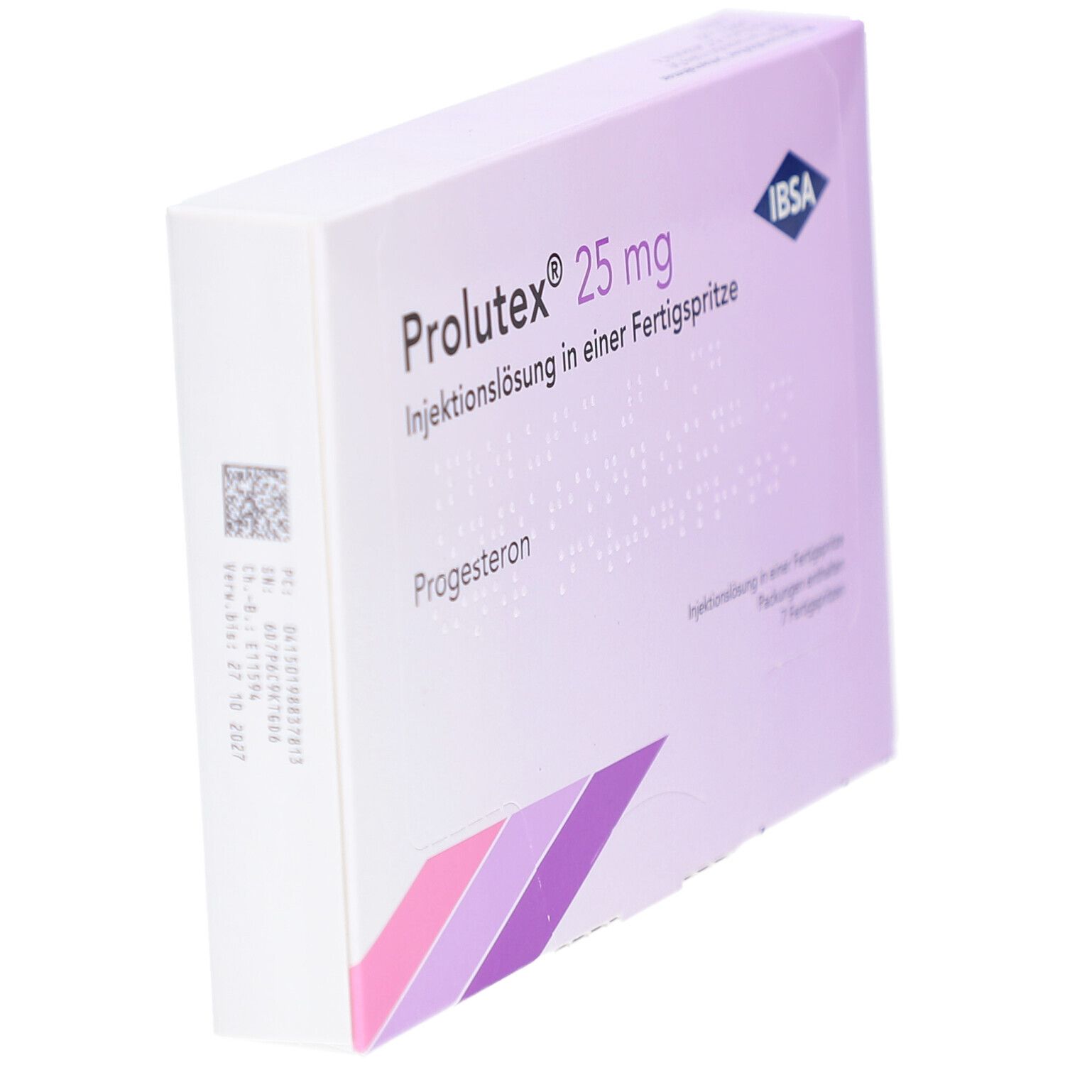 Schräg gestellte Verpackung von Prolutex 25 mg. Marke IBSA. Weiße Schachtel mit lila Akzenten und Text.