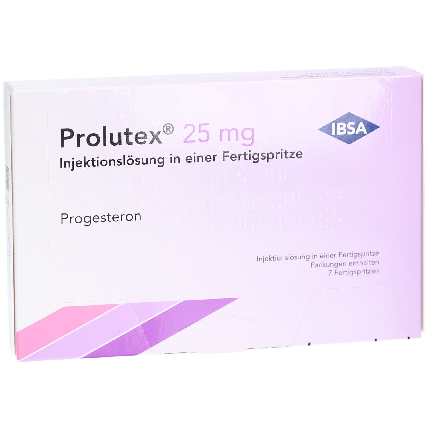 Verpackung von Prolutex 25 mg Injektionslösung. Marke IBSA. Enthält 7 Fertigspritzen. Weiße Schachtel.
