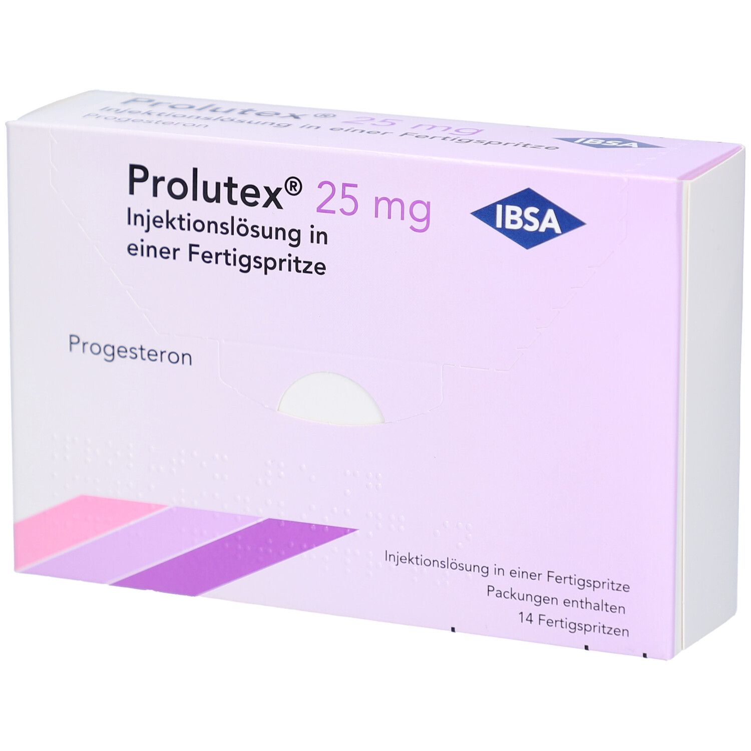 Verpackung von Prolutex 25 mg Injektionslösung. Enthält 14 Fertigspritzen. Marke IBSA. Lila und weiße Farbgebung.