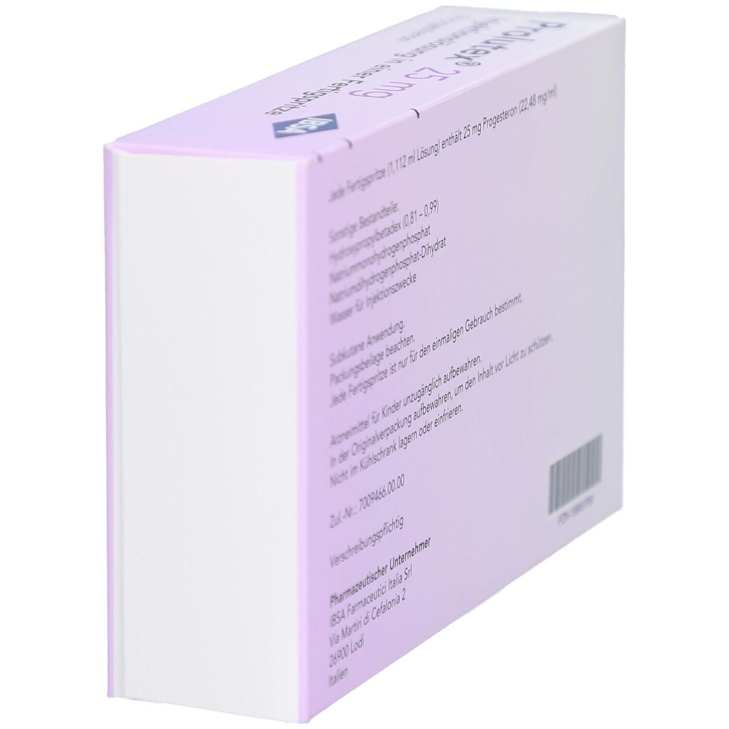 Schräge Seitenansicht der Prolutex 25 mg Verpackung. Weiße Box mit Text und Barcode. Marke IBSA.