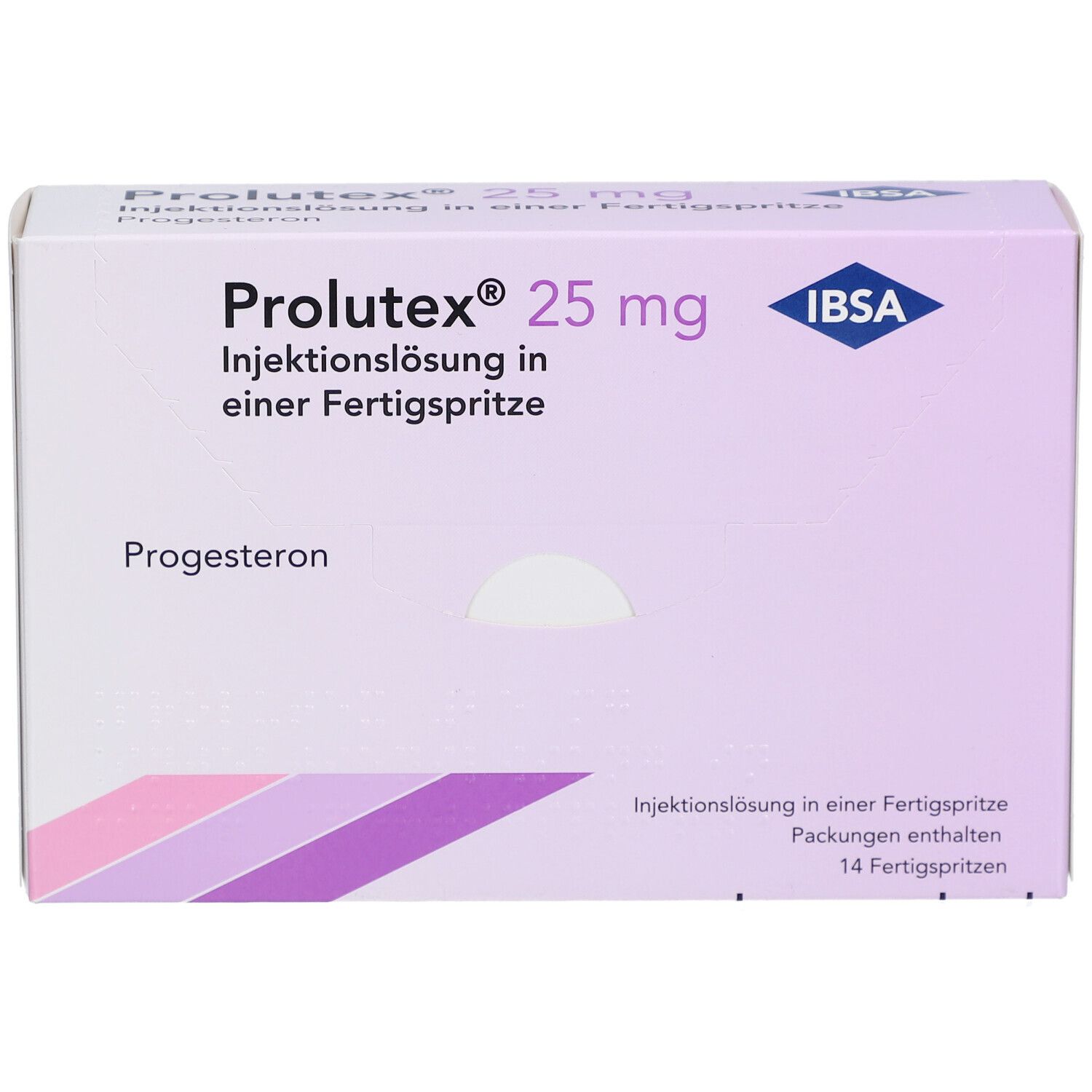 Vorderansicht der Prolutex 25 mg Verpackung. Marke IBSA. Enthält 14 Fertigspritzen. Lila und weiße Farbgebung.