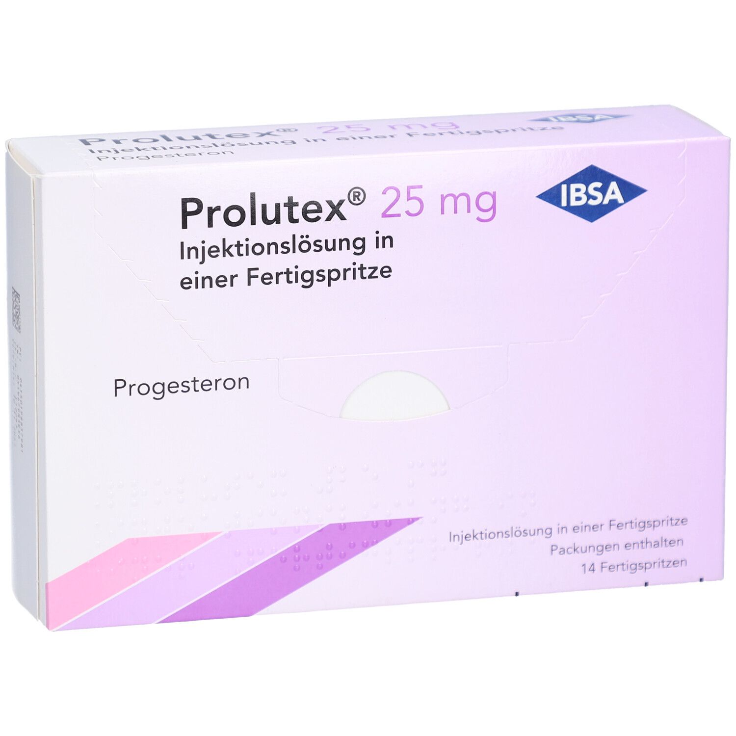 Vorderansicht der Prolutex 25 mg Verpackung. Marke IBSA. Enthält 14 Fertigspritzen. Lila und weiße Farbgebung.