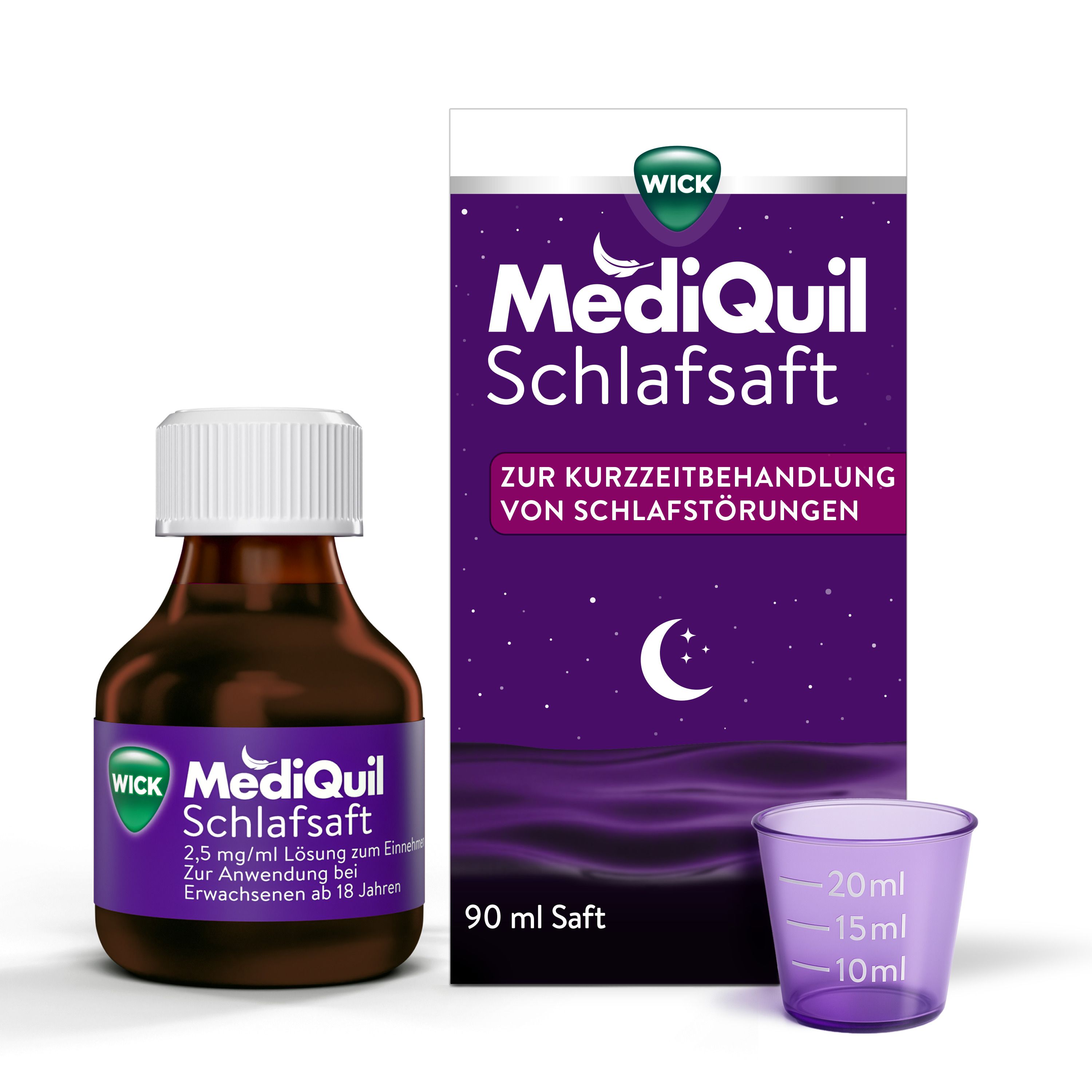 Braune Flasche und Verpackung von MediQuil Schlafsaft. Becher mit Messskala. Kirschgeschmack.