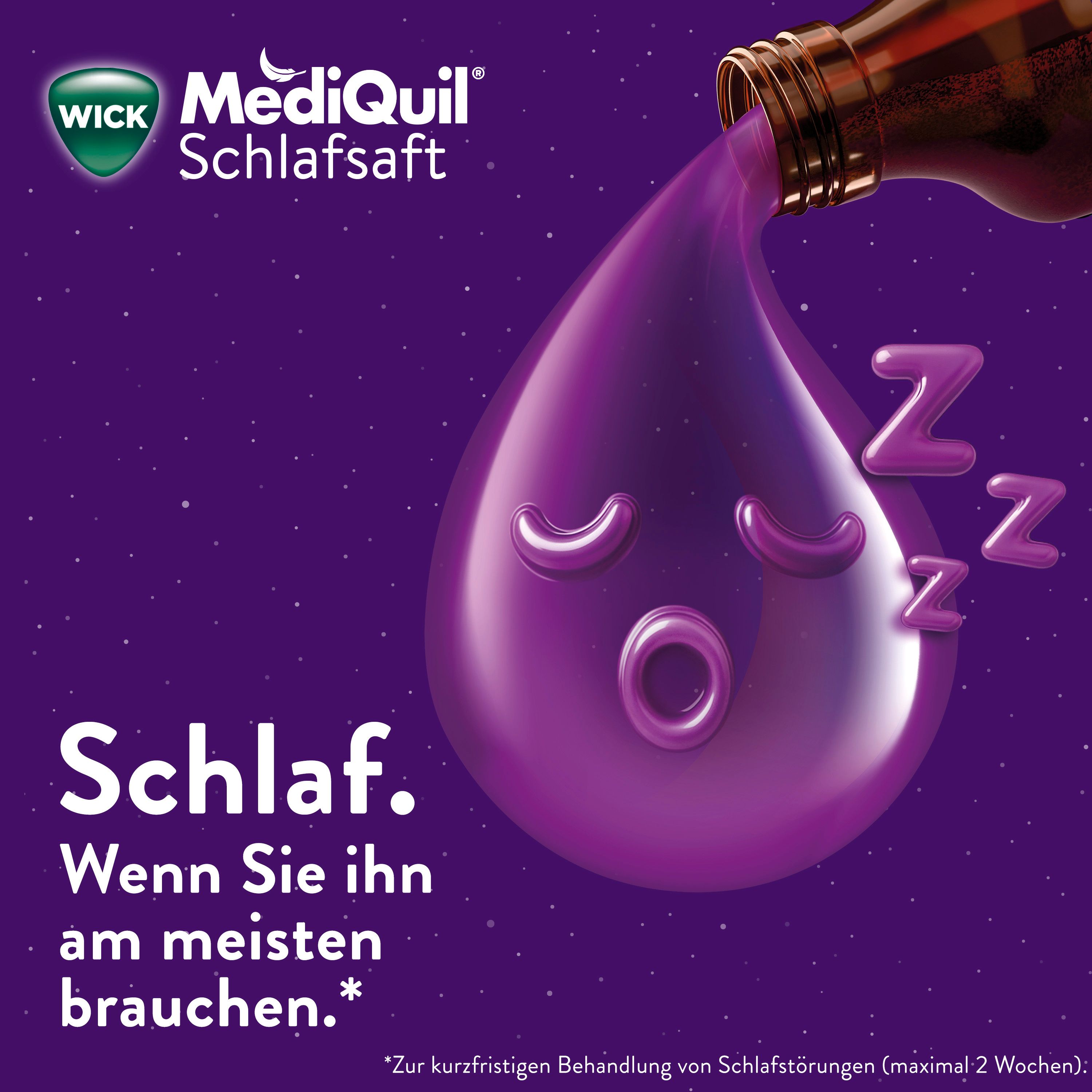 Tropfen mit Schlafaugen. Text: Schlaf. Wenn Sie ihn am meisten brauchen.