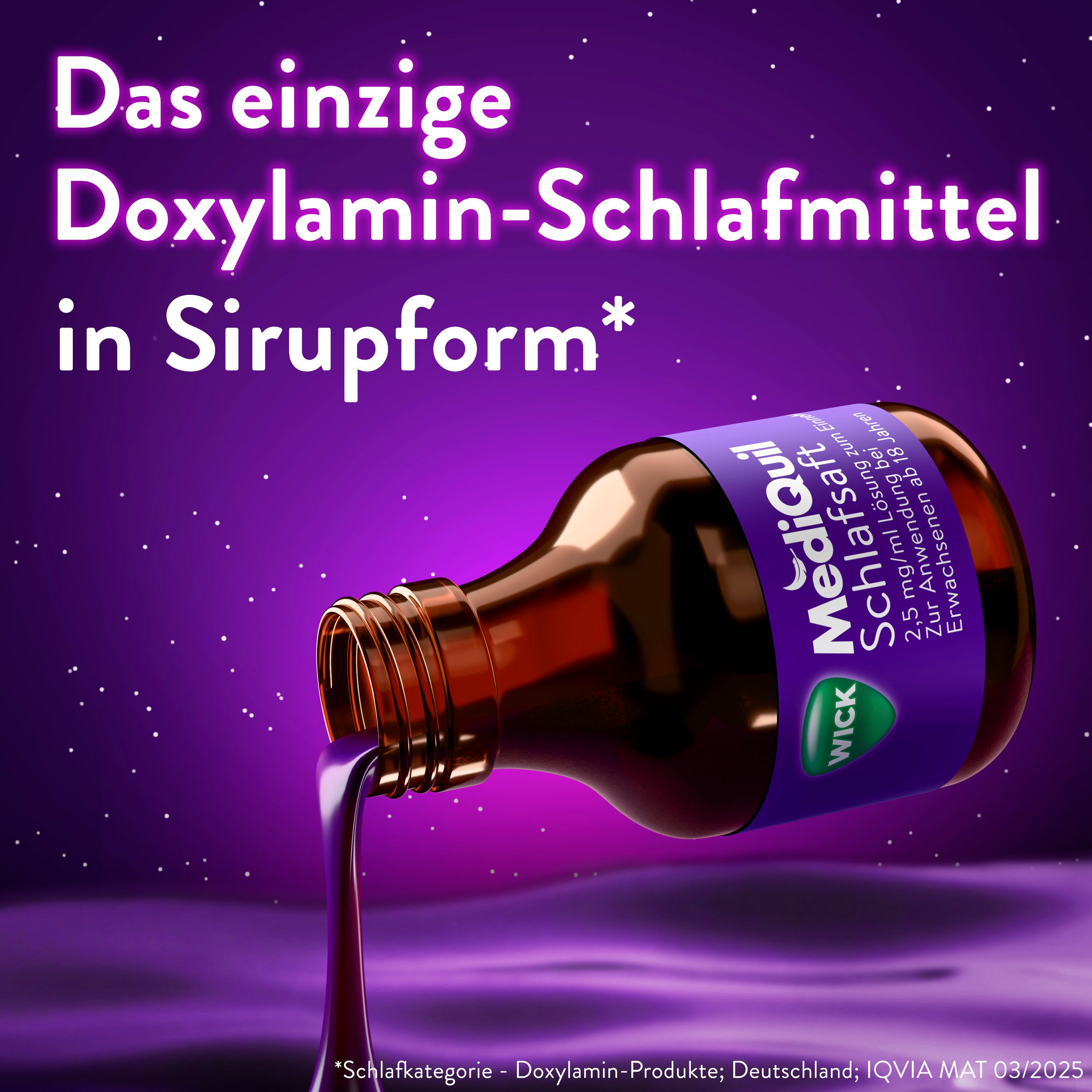 Flasche mit Sirup. Text: Doxylamin-Schlafmittel in Sirupform.