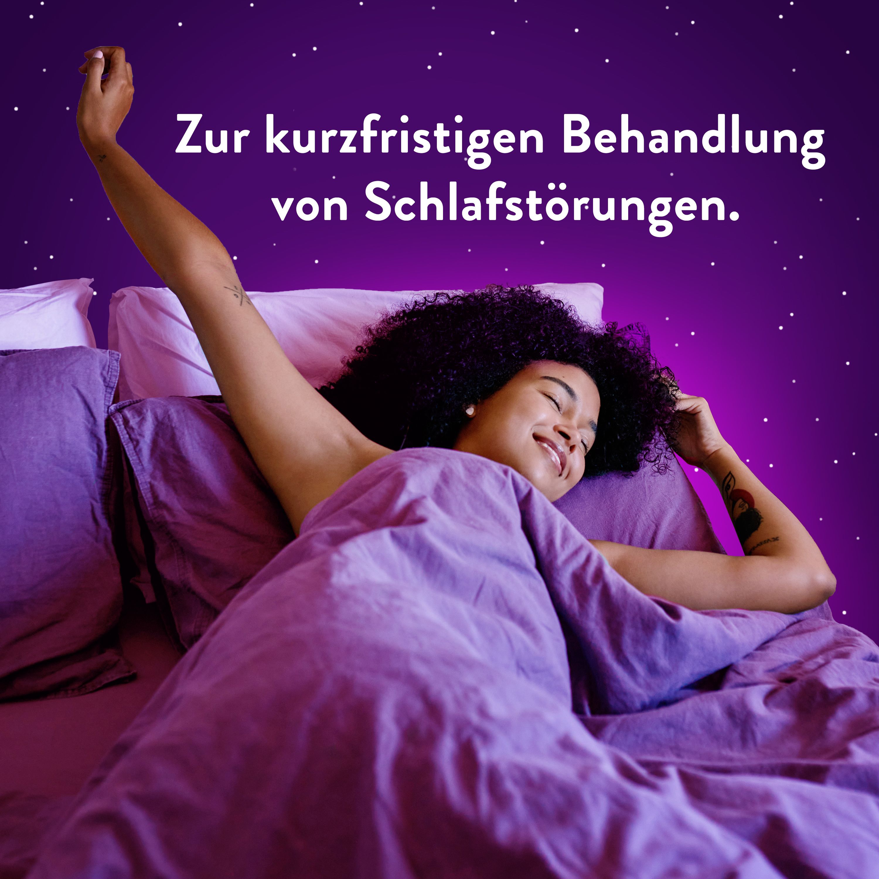 Frau im Bett. Text: Zur kurzfristigen Behandlung von Schlafstörungen.