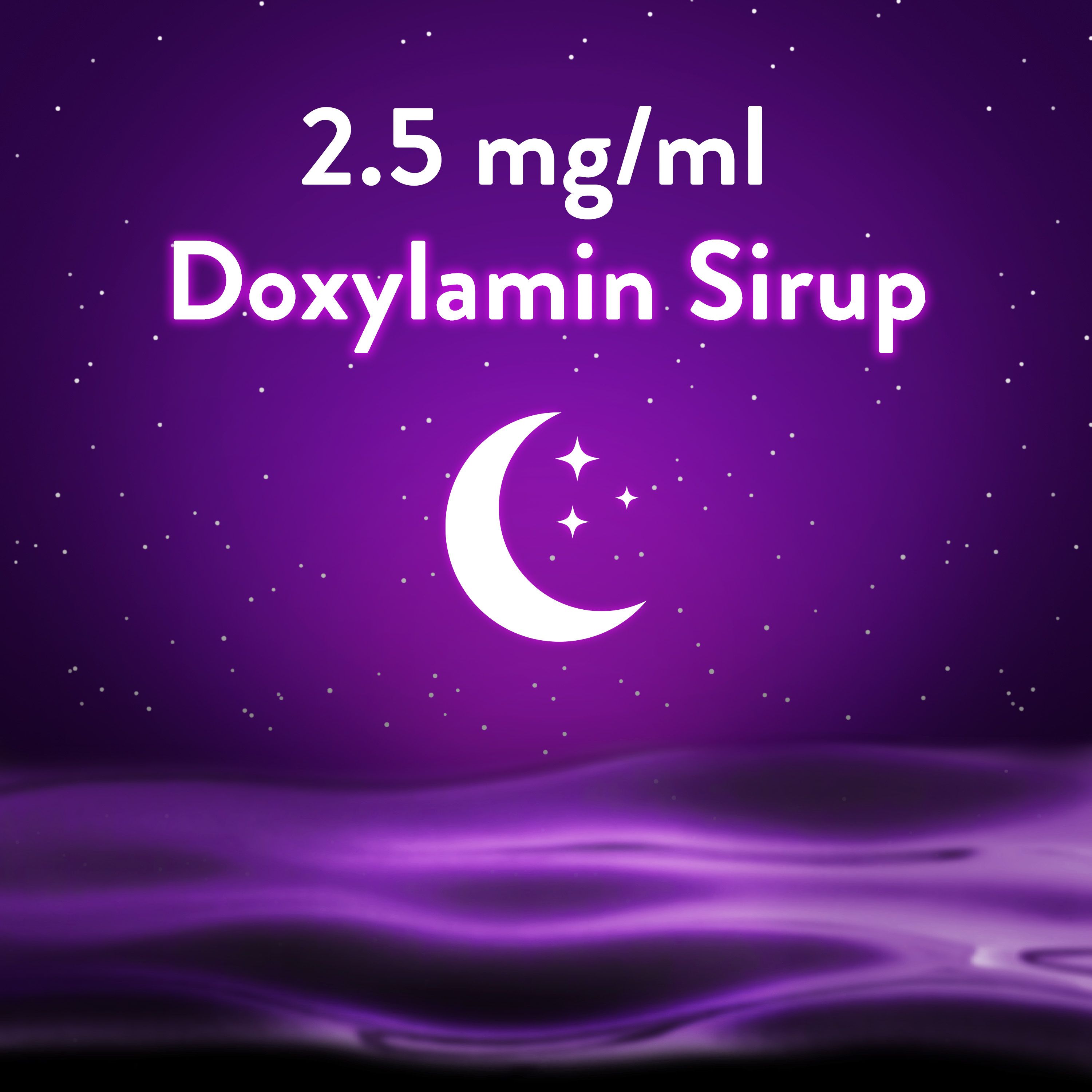 Text: 2,5 mg/ml Doxylamin Sirup. Mond und Sterne.