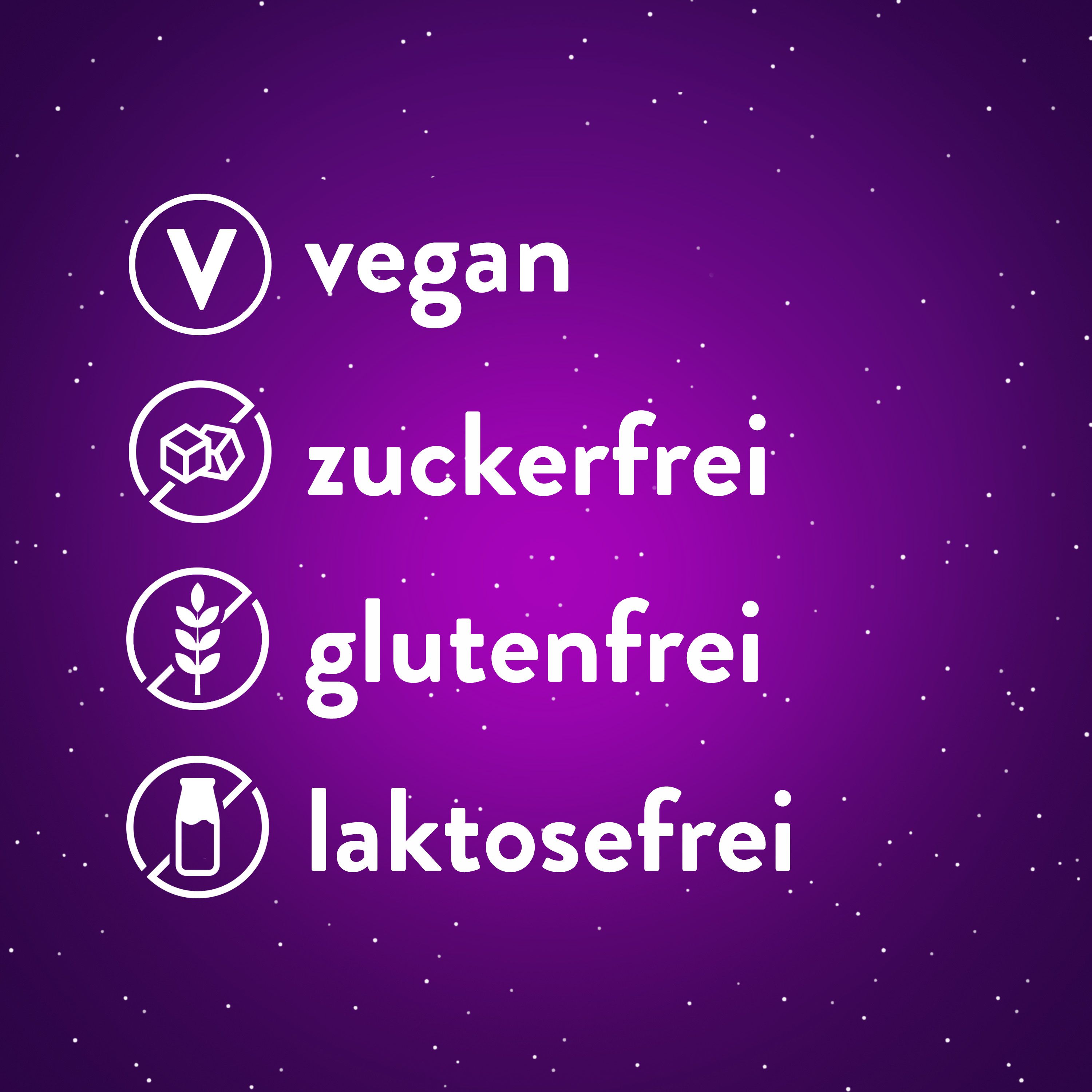 Symbole: vegan, zuckerfrei, glutenfrei, laktosefrei.