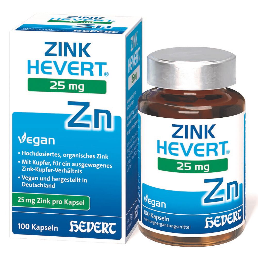 Zink Hevert 25 mg Kapseln und Verpackung. Braune Kapsel-Dose und Schachtel mit Produktinformationen. Vegan.