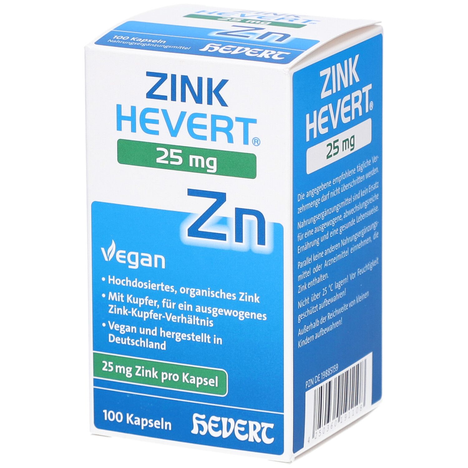 ZINK HEVERT 25 mg Kapseln. Weiße Schachtel mit blauen und grünen Akzenten. Enthält 100 Kapseln. Vegan.