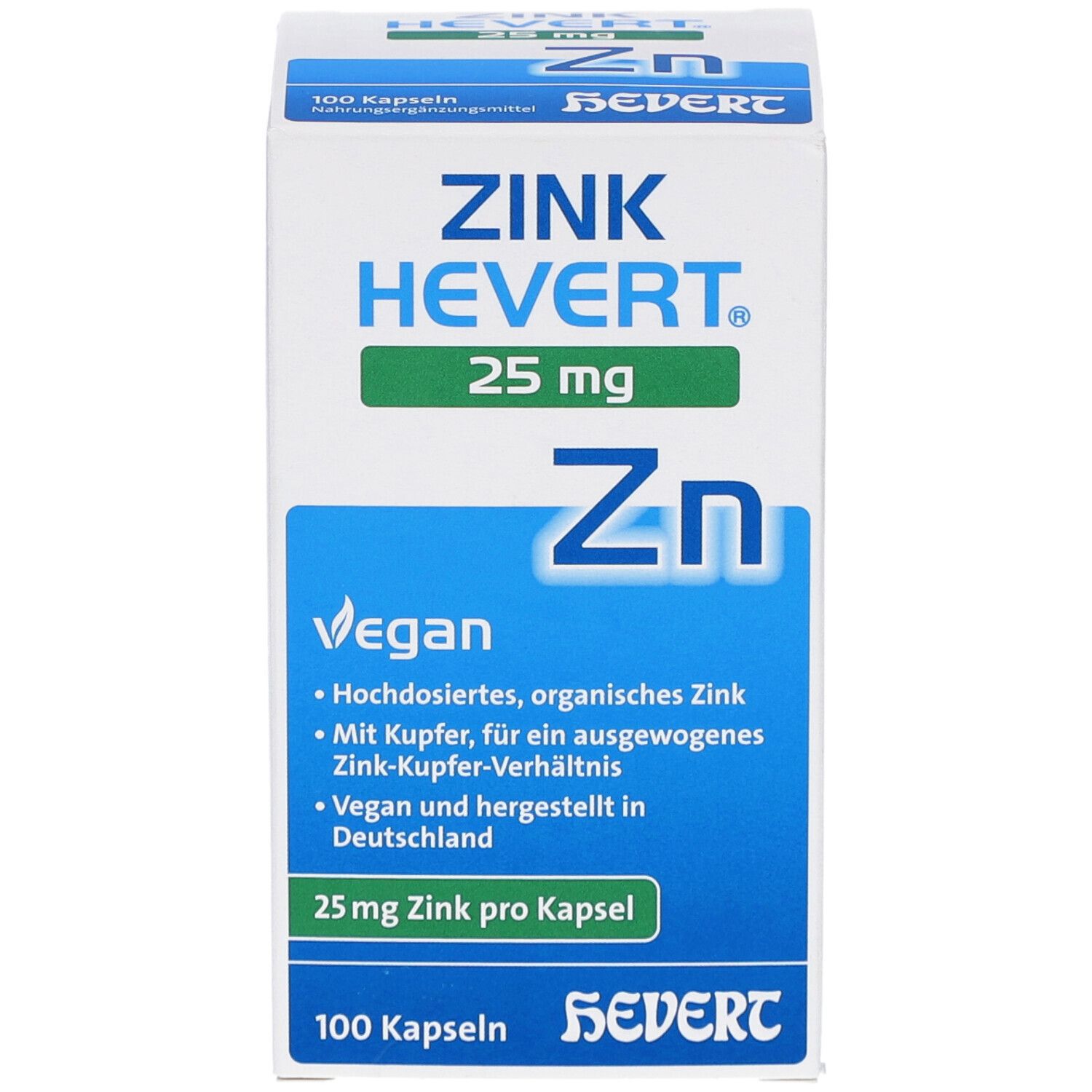 ZINK HEVERT 25 mg Kapseln. Weiße Schachtel mit blauen und grünen Akzenten. Enthält 100 Kapseln. Vegan.