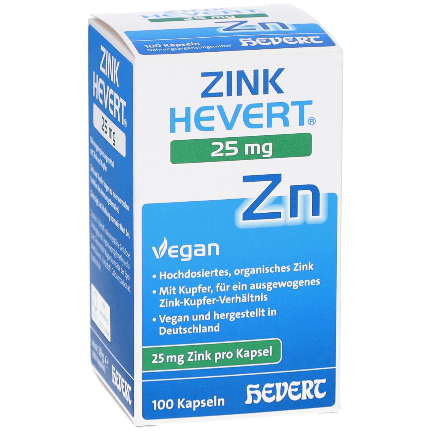 ZINK HEVERT 25 mg Kapseln. Weiße Schachtel mit blauen und grünen Akzenten. Enthält 100 Kapseln. Vegan.