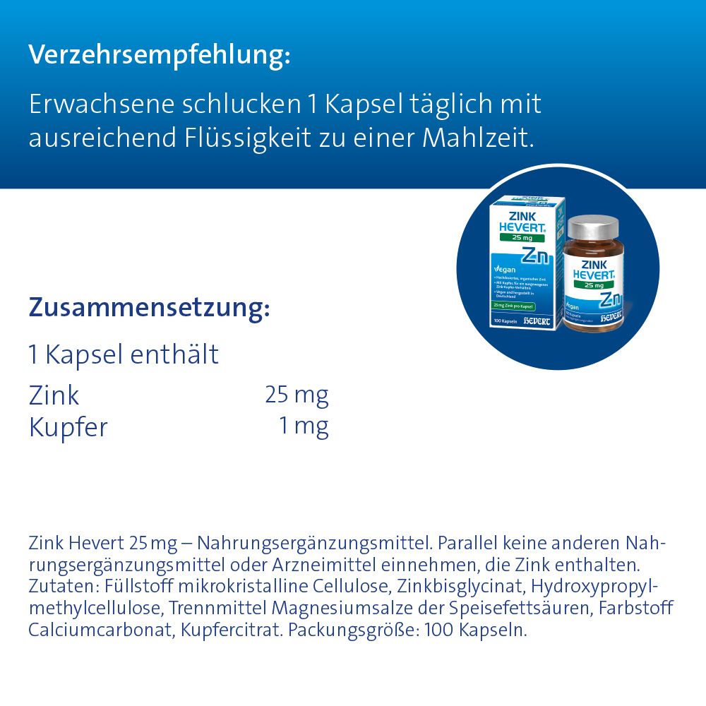 Zink Hevert 25 mg – Kapseln mit Zink und Kupfer zur Immunsystempflege