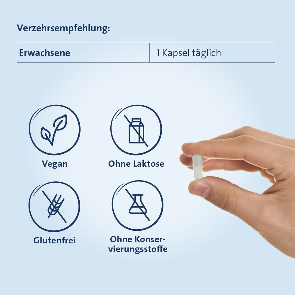 Verzehrempfehlung Zink Hevert 25 mg: 1 Kapsel täglich. Symbole: Vegan, ohne Laktose, glutenfrei, ohne Konservierungsstoffe. Hand hält Kapsel.