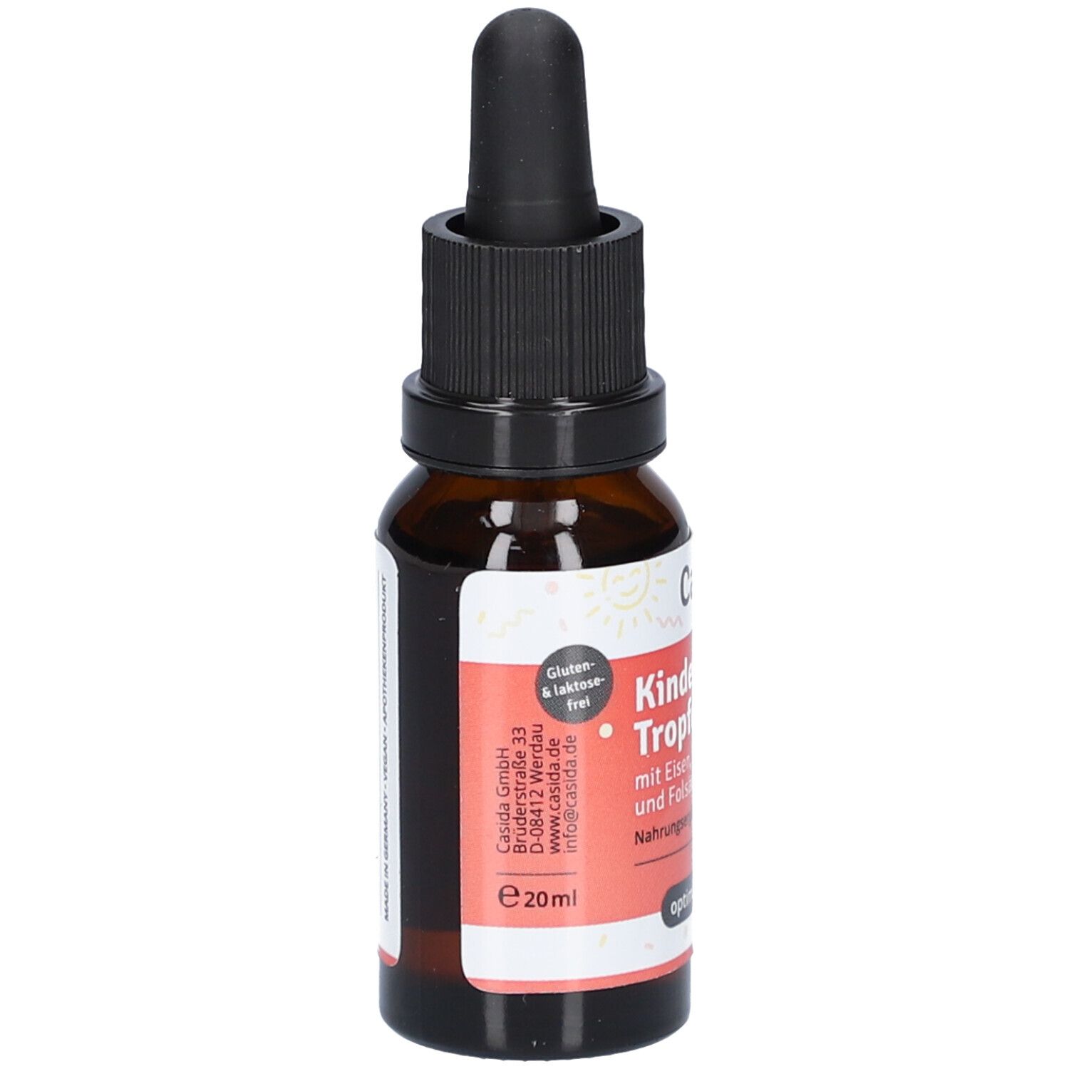 Braune Glasflasche mit schwarzem Deckel und Pipette. Aufschrift: Kinderkraft Tropfen. Gluten- und laktosefrei. E20ml.