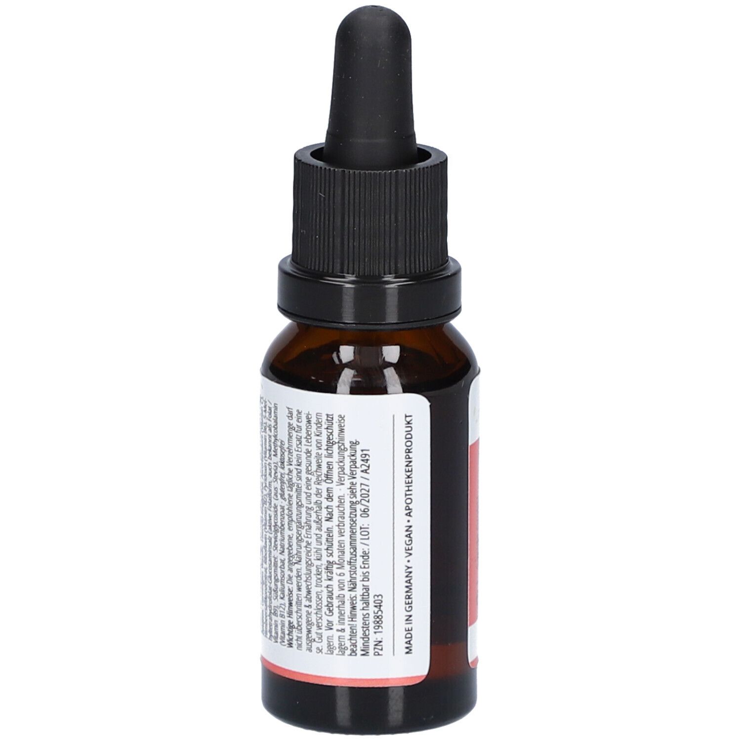 Braune Glasflasche mit schwarzem Deckel und Pipette. Rückseite mit Text. Made in Germany. Vegan. Apothekenprodukt.