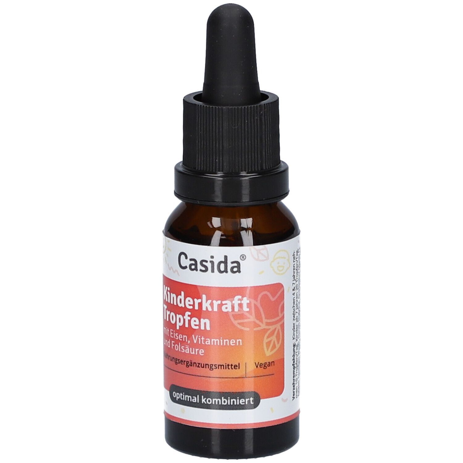 Braune Glasflasche mit schwarzem Deckel und Pipette. Aufschrift: Kinderkraft Tropfen mit Eisen, Vitaminen und Folsäure. Vegan.