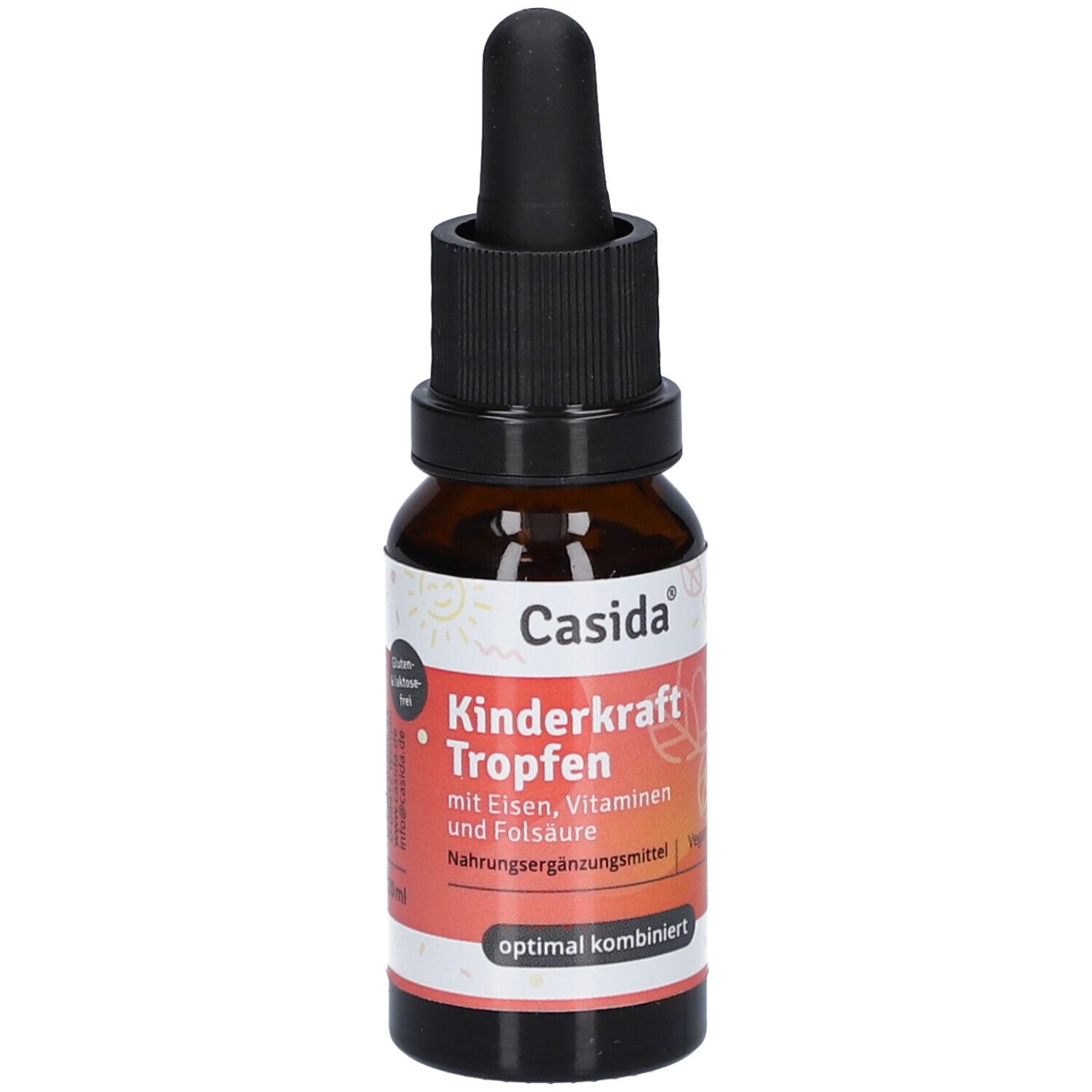 Braune Glasflasche mit schwarzem Deckel und Pipette. Aufschrift: Kinderkraft Tropfen mit Eisen, Vitaminen und Folsäure. Vegan.