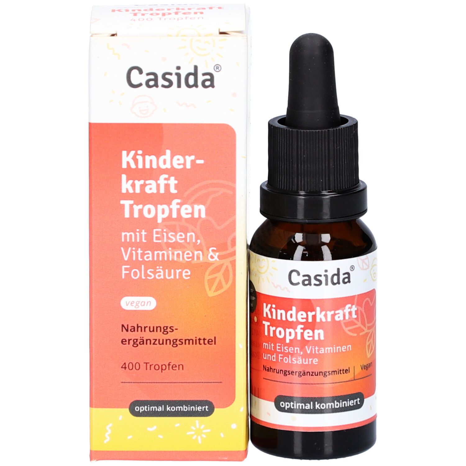 Produktverpackung mit Flasche. Aufschrift: Kinderkraft Tropfen mit Eisen, Vitaminen und Folsäure. 400 Tropfen. Vegan.