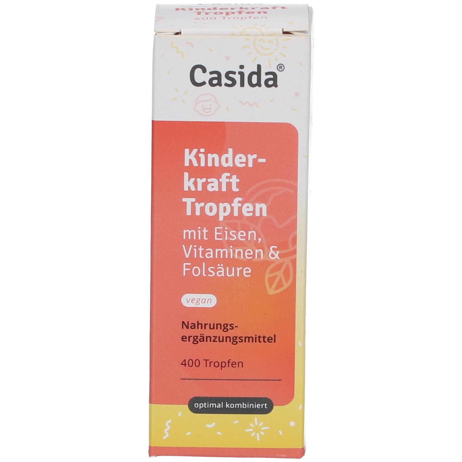 Produktverpackung. Aufschrift: Kinderkraft Tropfen mit Eisen, Vitaminen und Folsäure. 400 Tropfen. Vegan.