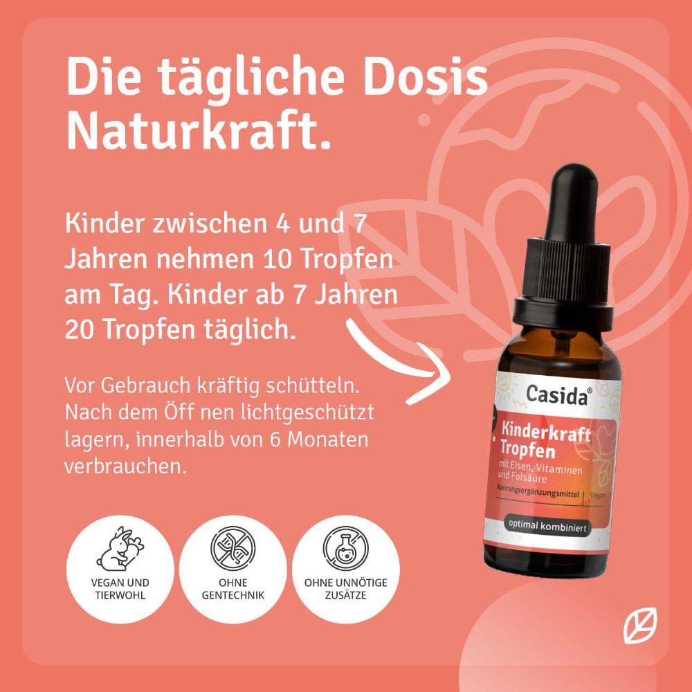 Flasche mit Tropfer. Text: Kinder zwischen 4 und 7 Jahren nehmen 10 Tropfen. Kinder ab 7 Jahren 20 Tropfen. Vegan, ohne Gentechnik.