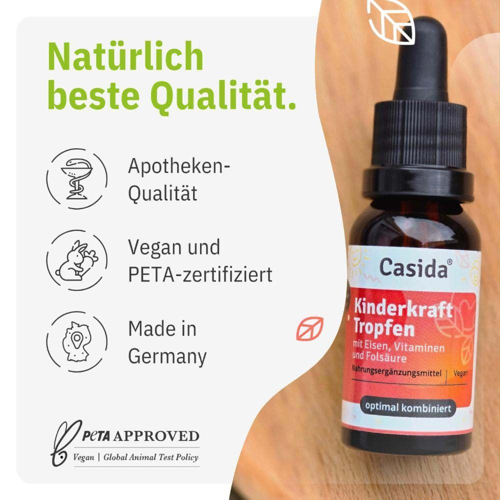 Braune Flasche mit Tropfer. Text: Apotheken-Qualität, Vegan und PETA-zertifiziert, Made in Germany. PETA-Logo.