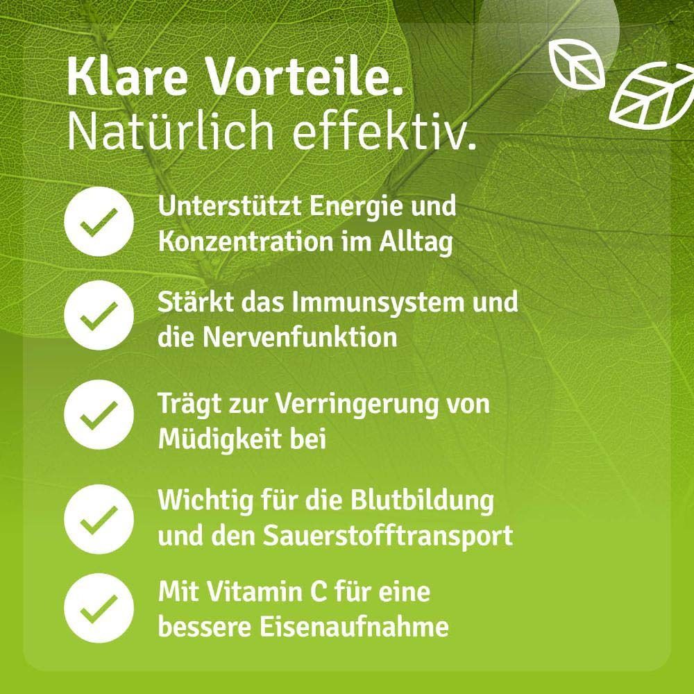 Braune Flasche mit Tropfer. Text: Unterstützt Energie und Konzentration, stärkt das Immunsystem, trägt zur Verringerung von Müdigkeit bei.