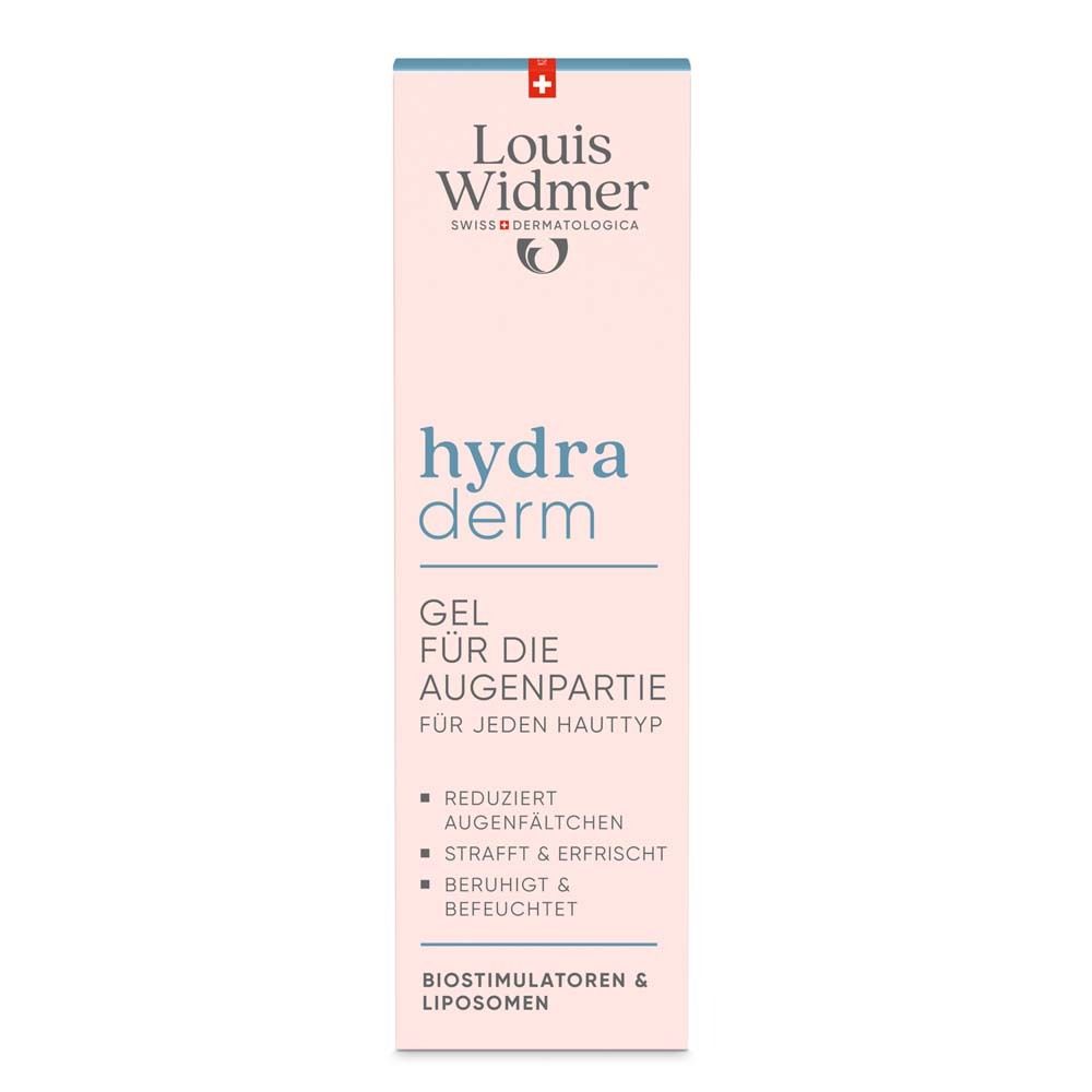 Rosa Verpackung mit Produktinformationen. Aufschrift: Louis Widmer, hydra derm, Gel für die Augenpartie. Reduziert Augenfältchen.