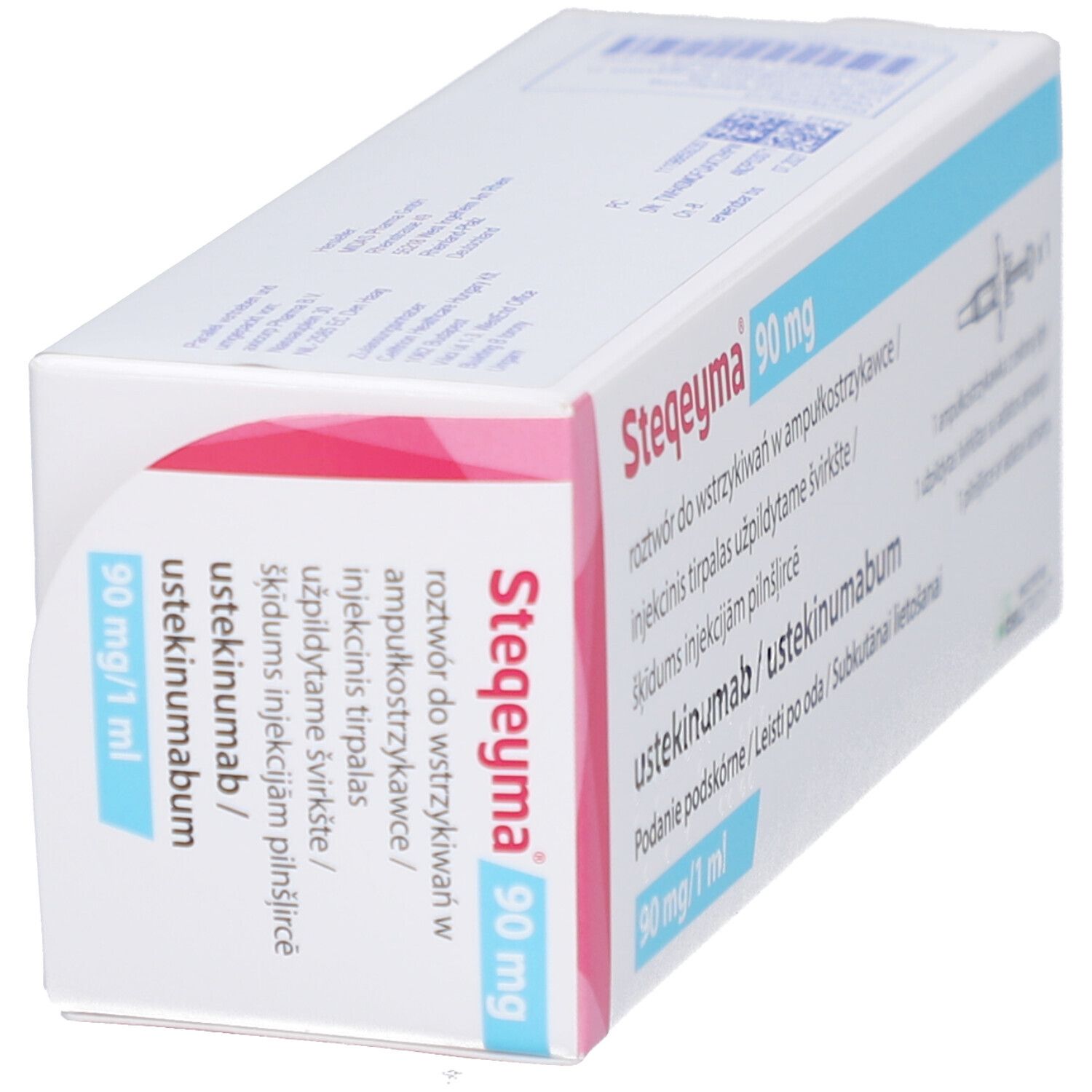Schrägansicht der Verpackung von STEQEYMA 90 mg. Rosa und weiß. Text: Injektionslösung, 90 mg/1 ml.