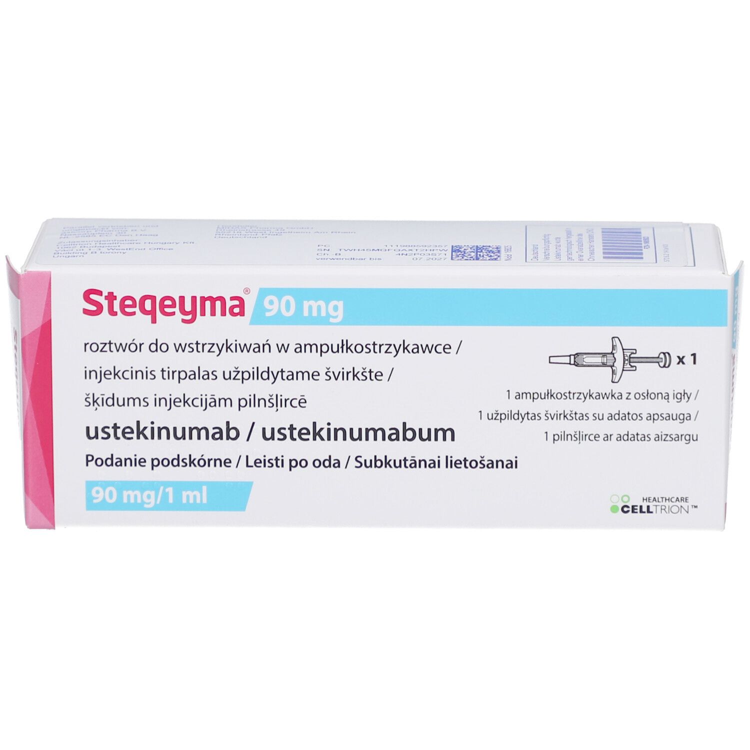 Verpackung von STEQEYMA 90 mg. Aufschrift: Injektionslösung, 1 Fertigspritze. Rosa und weißes Design.