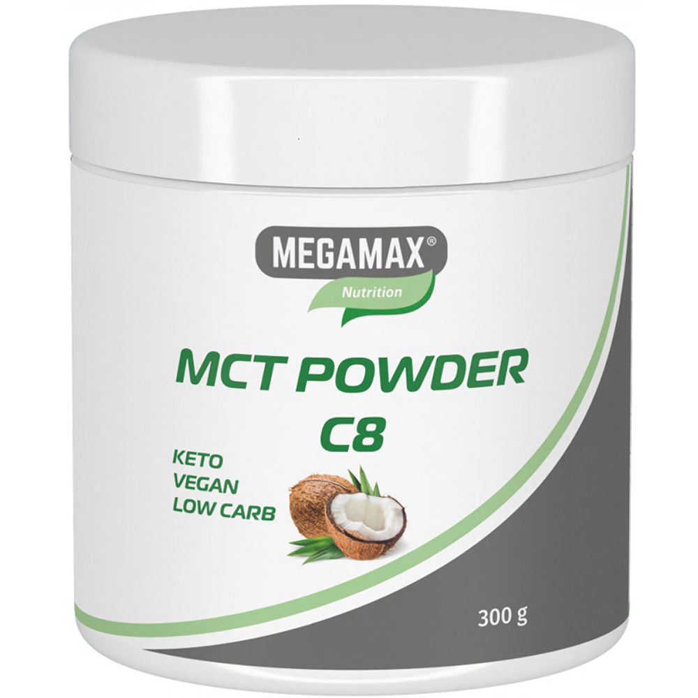 Megamax MCT C8 Pulver in weißem Behälter, 300g. Keto, vegan, kohlenhydratarm.