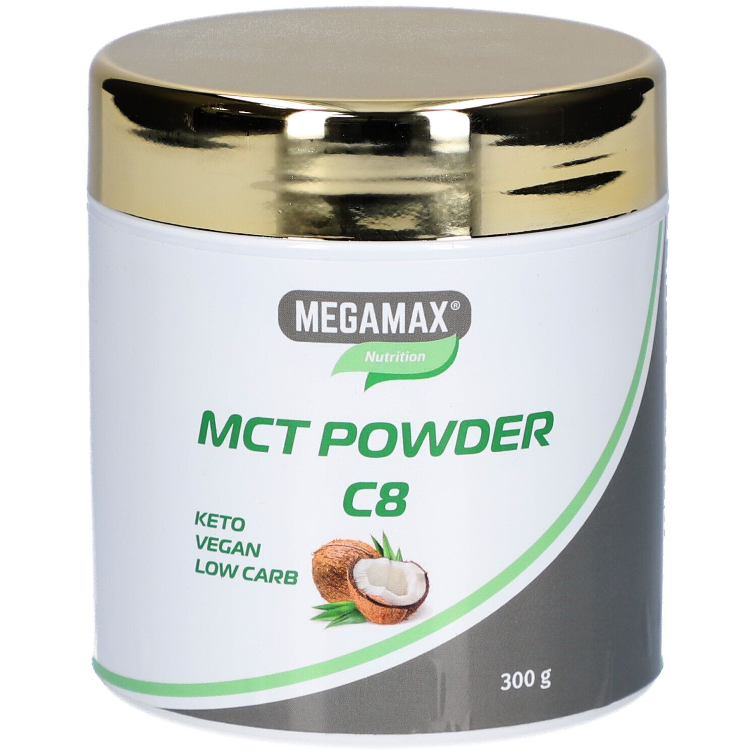 Weißes Dose mit goldenem Deckel. Aufschrift: MEGMAX Nutrition, MCT POWDER C8, Keto Vegan Low Carb. Kokosnuss-Illustration.