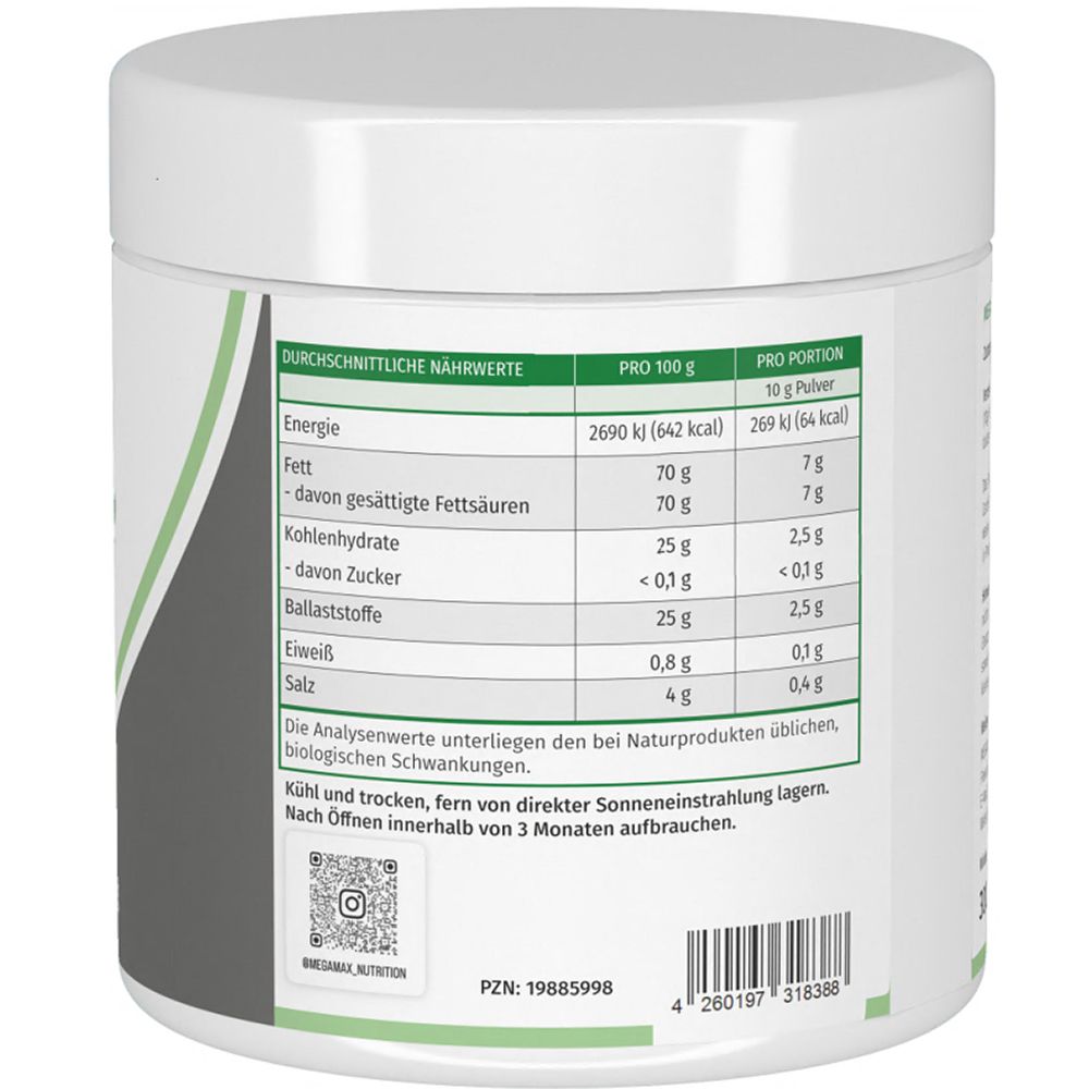 Weiße Dose mit Nährwertangaben und Barcode. Enthält Informationen zu Energie, Fett, Kohlenhydraten, Ballaststoffen, Eiweiß und Salz.