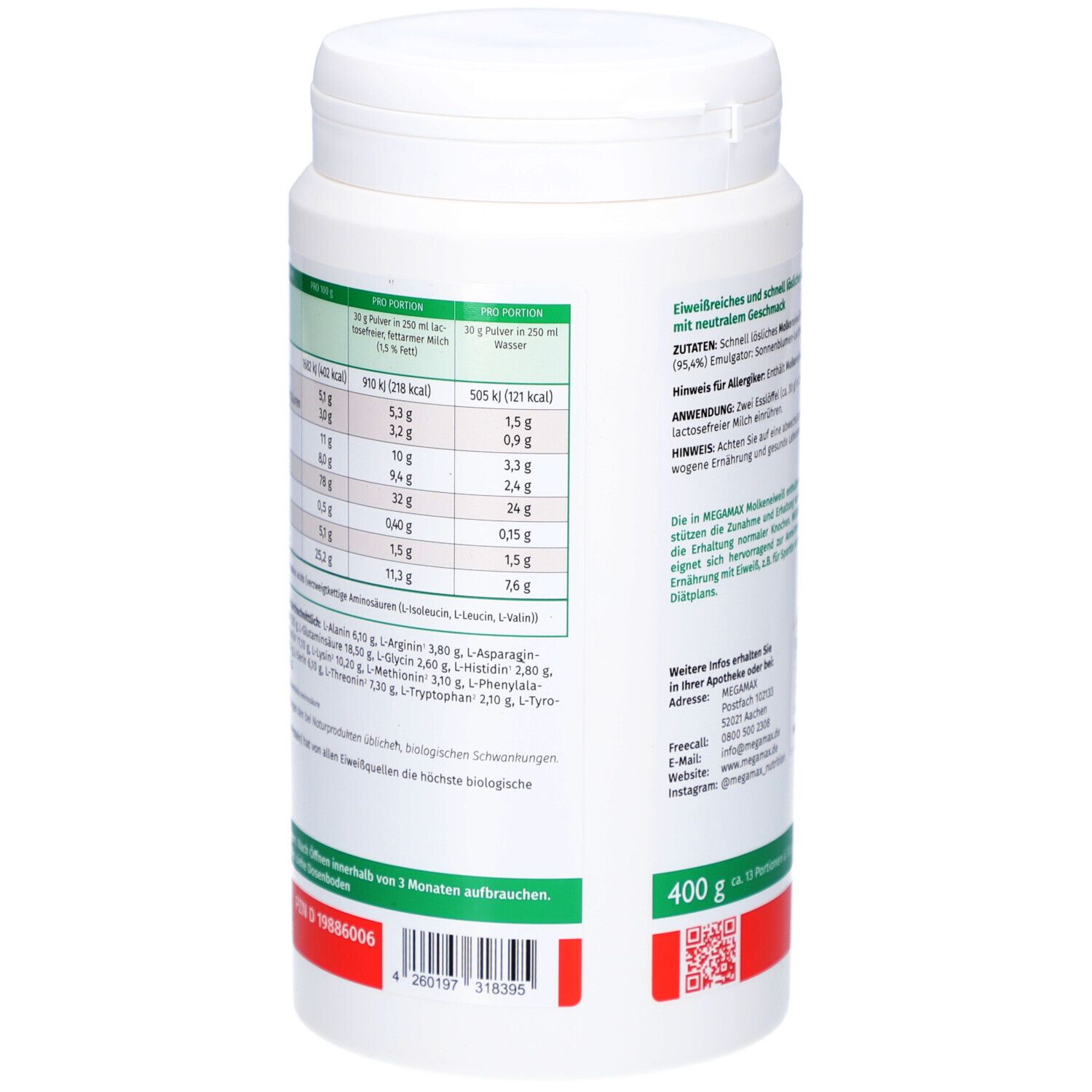 Rückseite des weißen Proteinpulver-Behälters. Nährwerttabelle mit Angaben zu Energie, Fett, Kohlenhydraten, Eiweiß, Salz, Laktose. Aufschrift: 400 g.