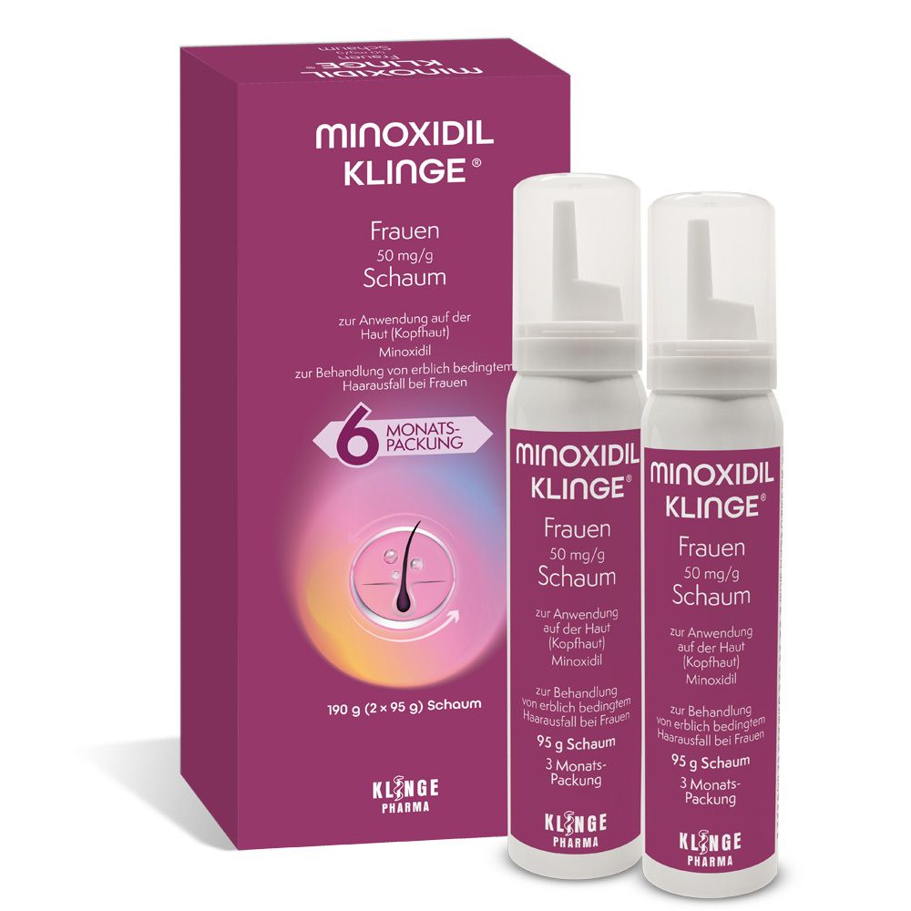 Minoxidil Klinge® Frauen Schaum, Flasche und Verpackung. 50 mg/g. 6-Monatspackung. Klinge Pharma Logo.