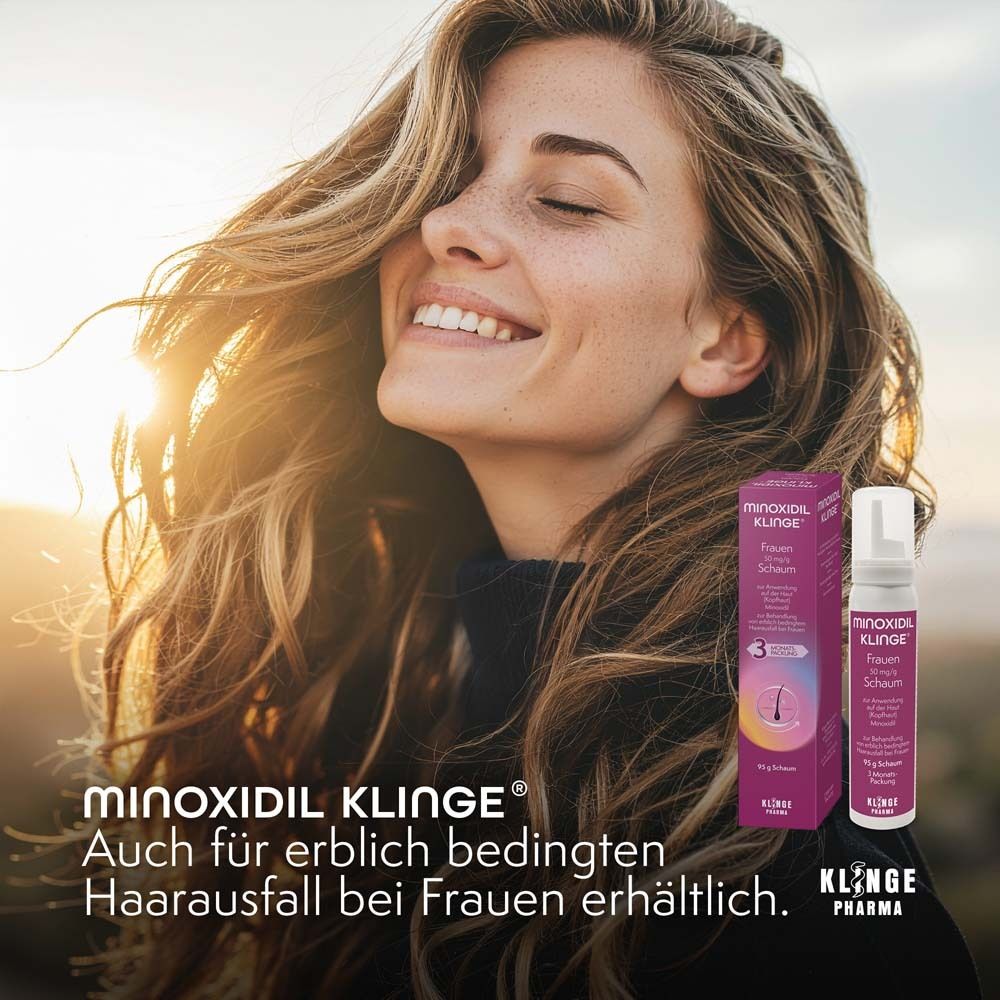 Frau mit langen Haaren, Produktflasche im Hintergrund. Text: Auch für Frauen erhältlich.