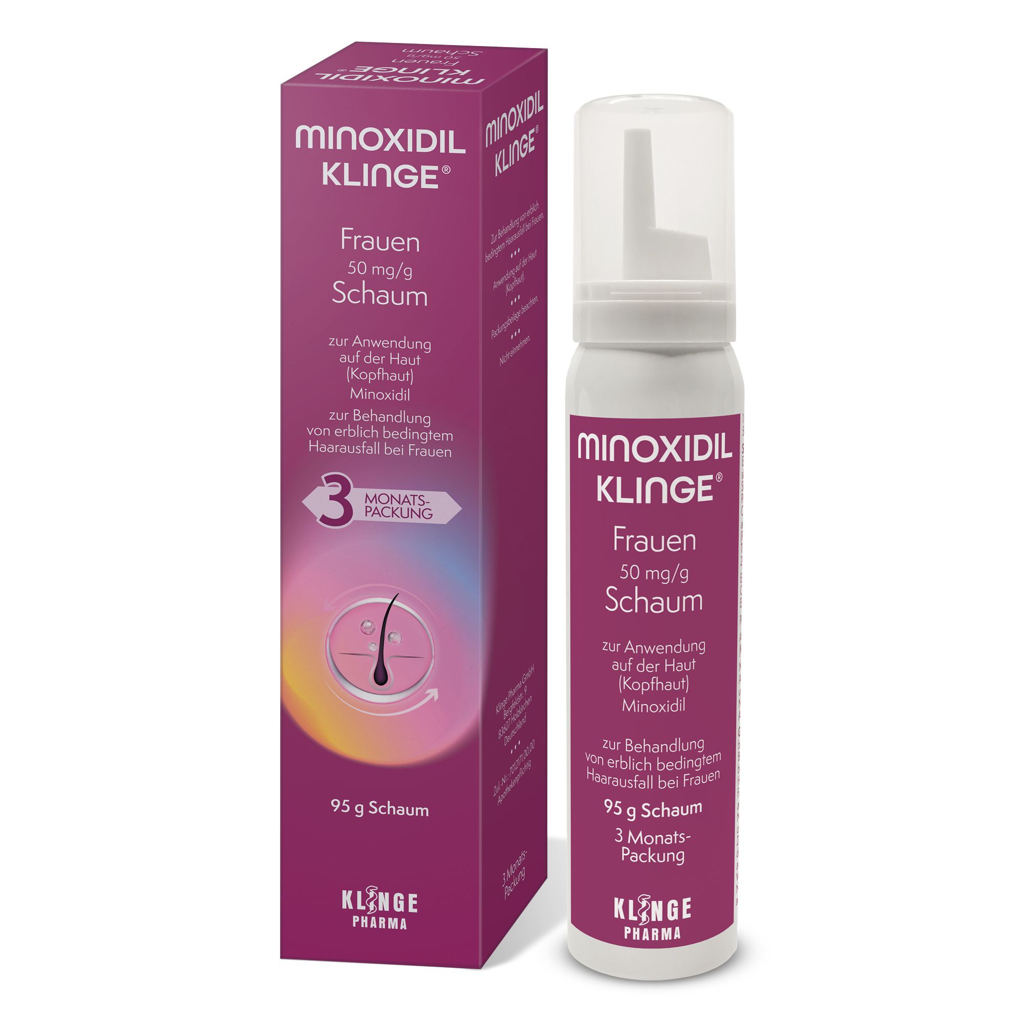 Minoxidil Klinge® Frauen Schaum, Flasche und Verpackung. Lila Verpackung, weiße Flasche. Text.