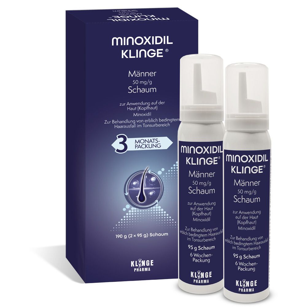 Minoxidil Klinge® Männer Schaum-Packung und Flasche. Blaue Verpackung, weißer Schaum. Enthält 50 mg/g Minoxidil.