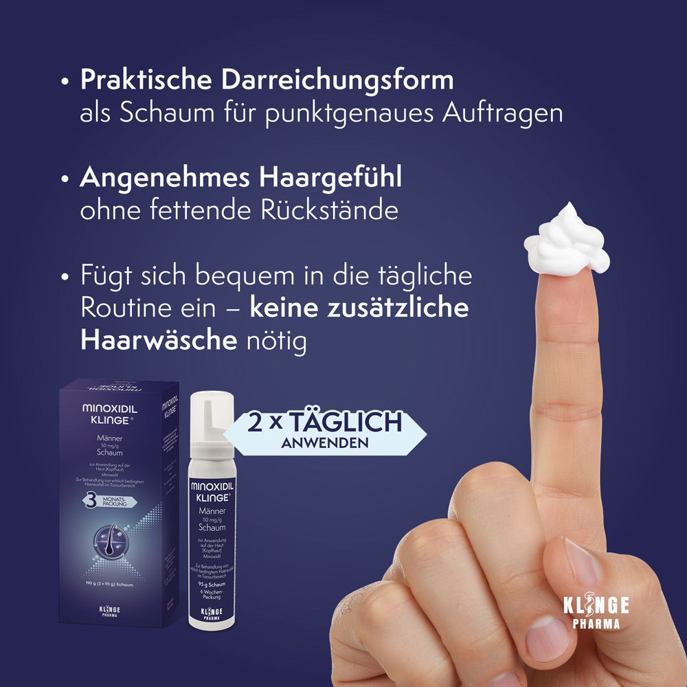 Schaum auf Finger. Minoxidil Klinge® Schaum. Praktische Darreichungsform. 2x täglich anwenden.