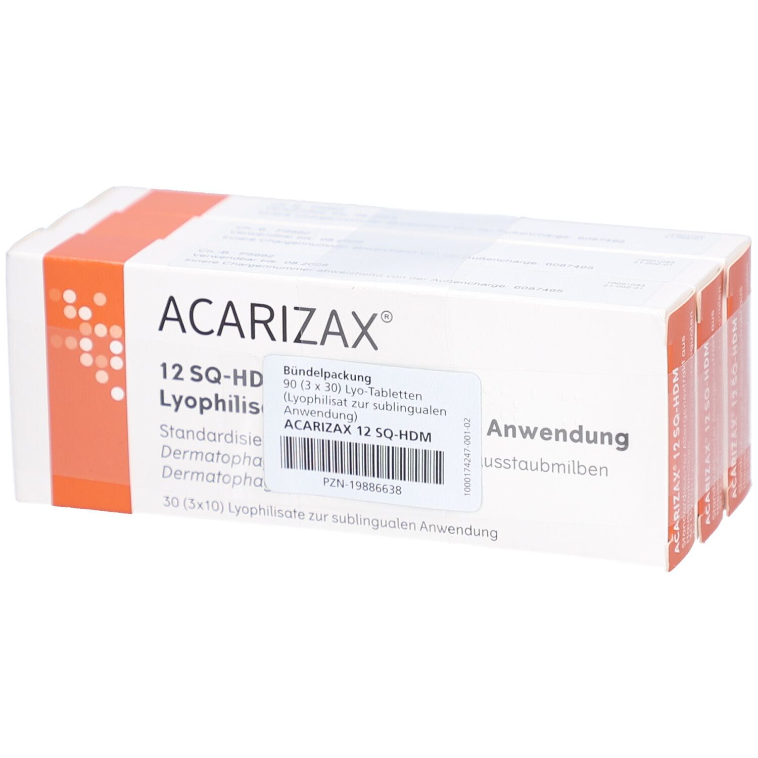 Packung ACARIZAX 12 SQ-HDM. Weiße Schachtel mit orangefarbenen Akzenten. Text: ACARIZAX, 12 SQ-HDM, Lyophilisat. 30 Tabletten.