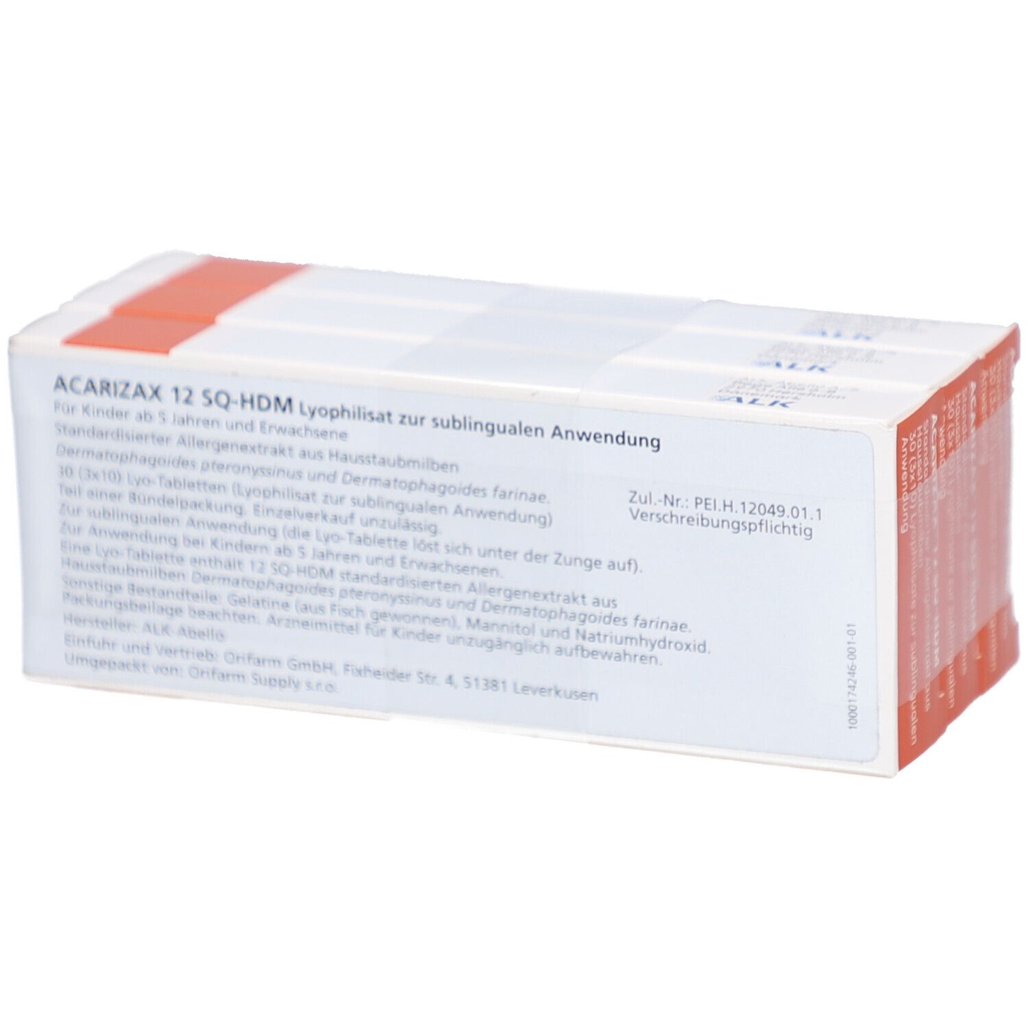 Packungen ACARIZAX 12 SQ-HDM. Weiße Schachteln mit orangefarbenen Streifen. Text auf den Seiten.