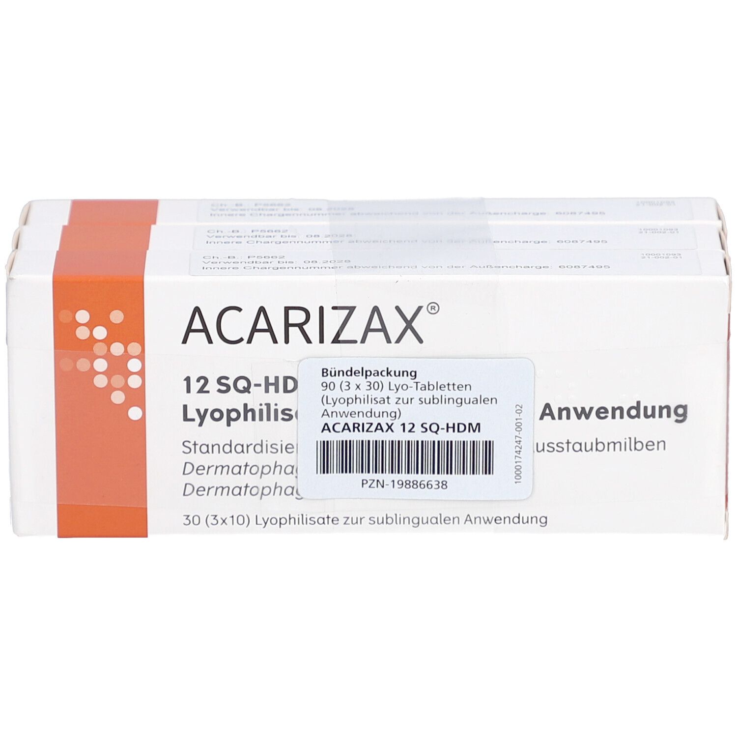 Packung ACARIZAX 12 SQ-HDM. Weiße Schachtel mit orangefarbenen Akzenten. Text: ACARIZAX, 12 SQ-HDM, Lyophilisat. 30 Tabletten.