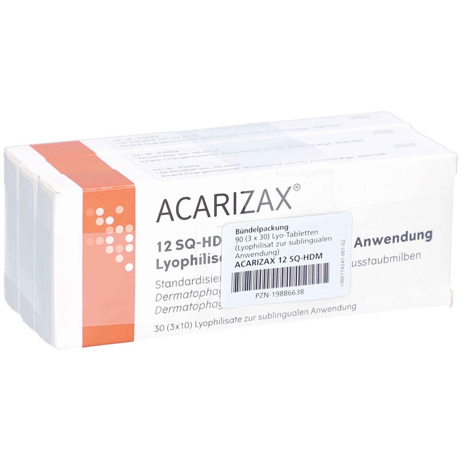 Packung ACARIZAX 12 SQ-HDM. Weiße Schachtel mit orangefarbenen Akzenten. Text: ACARIZAX, 12 SQ-HDM, Lyophilisat. 30 Tabletten.