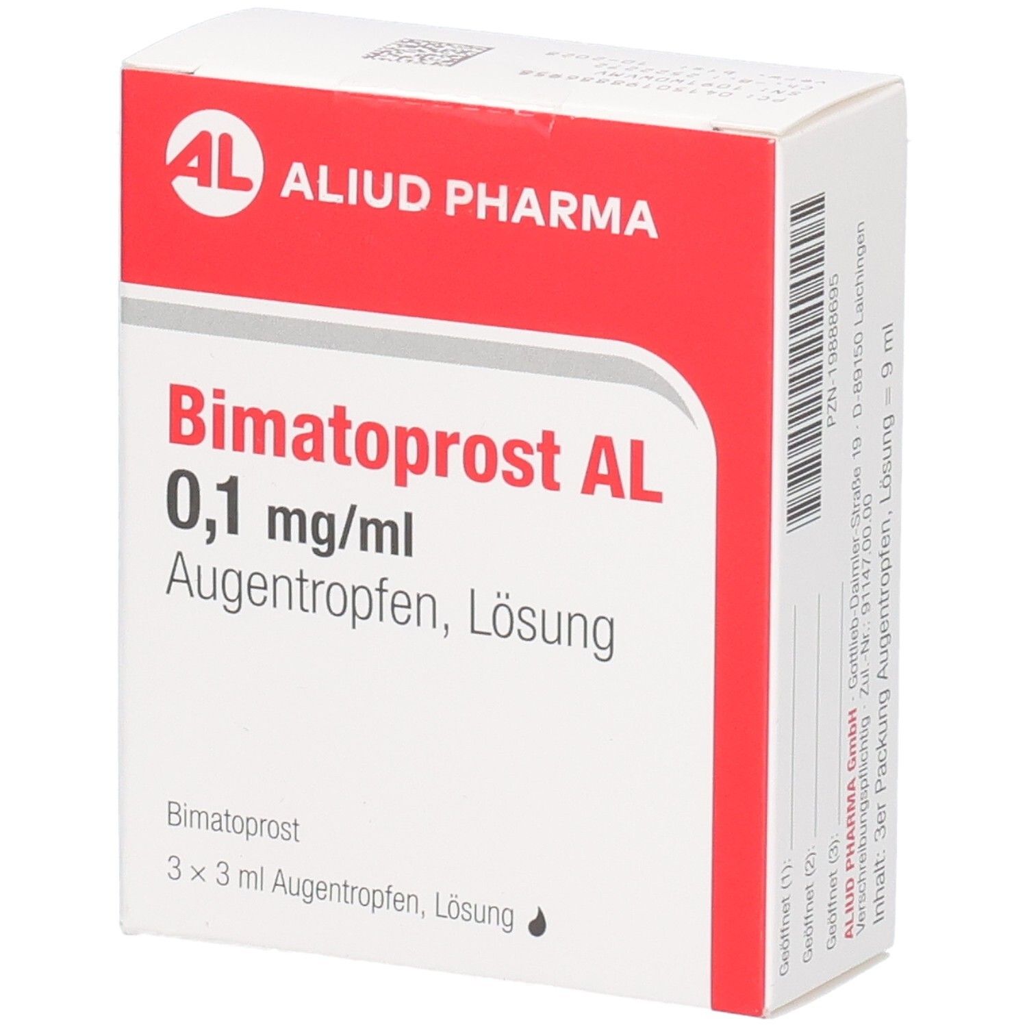 Verpackung von Bimatoprost AL 0,1 mg/ml Augentropfen. Rote und weiße Schachtel mit Produktinformationen und Logo.