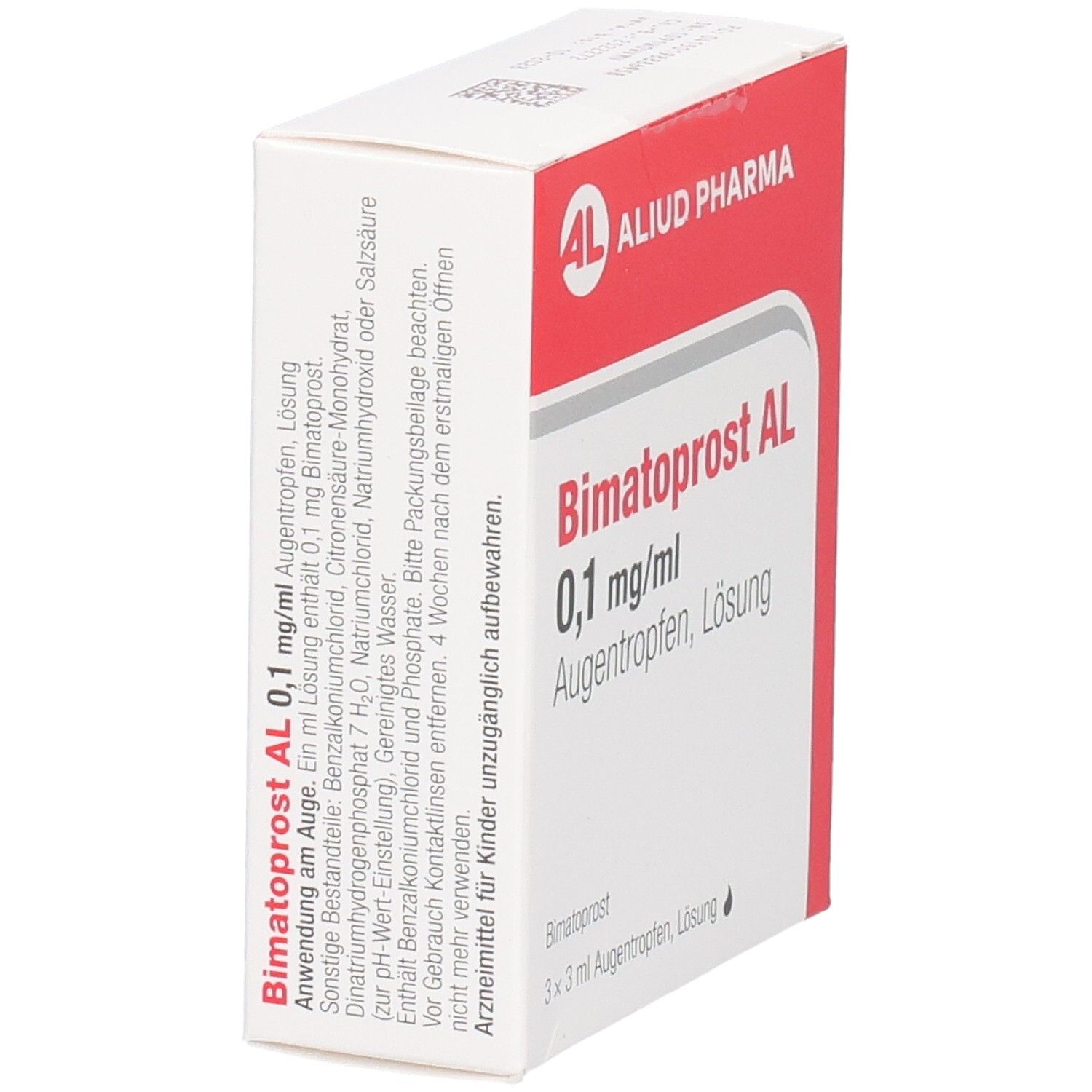 Seitenansicht der Verpackung von Bimatoprost AL 0,1 mg/ml Augentropfen. Textliche Produktinformationen.