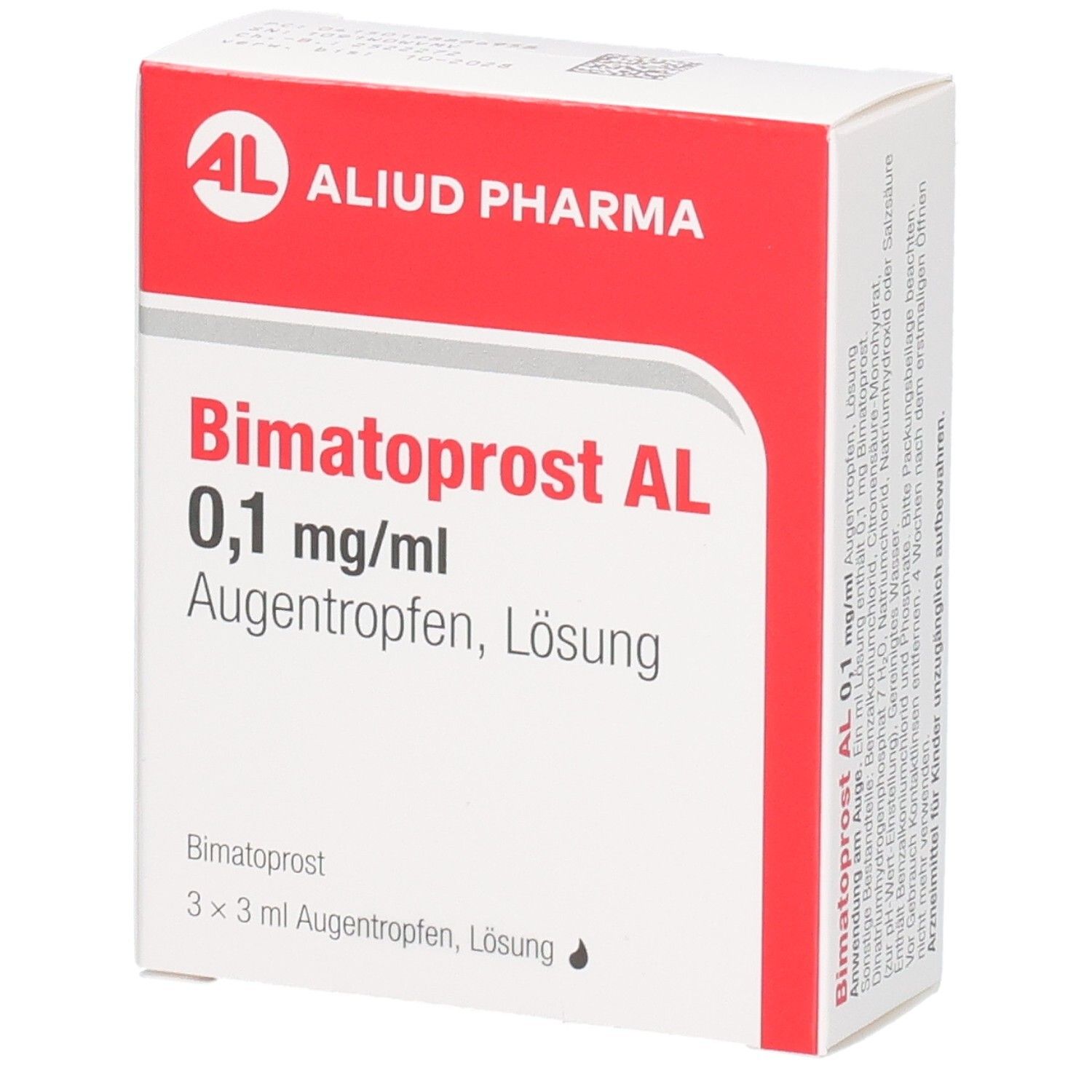 Verpackung von Bimatoprost AL 0,1 mg/ml Augentropfen. Rote und weiße Schachtel mit Produktinformationen.