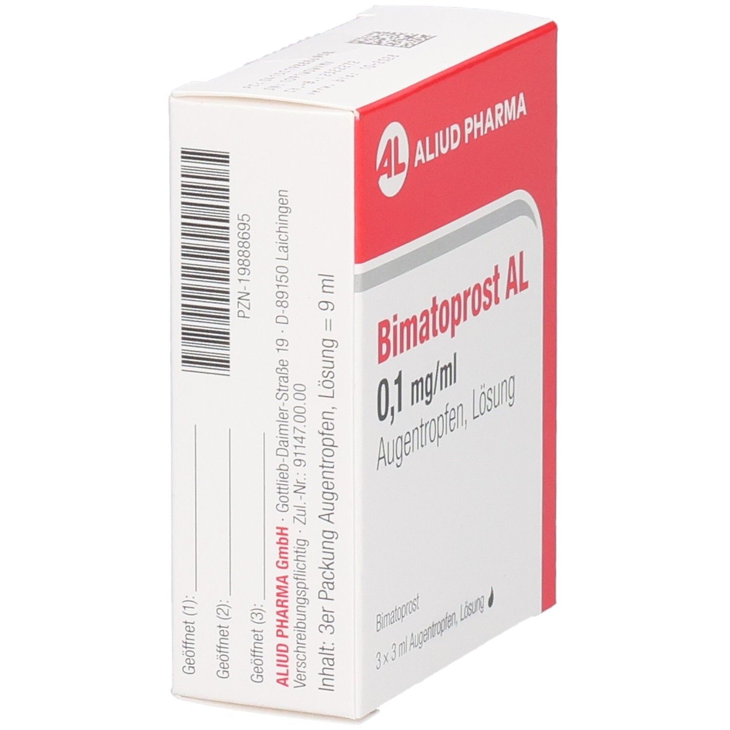 Schachtel von Bimatoprost AL 0,1 mg/ml Augentropfen. Ansicht mit Produktnamen und Firmenlogo.