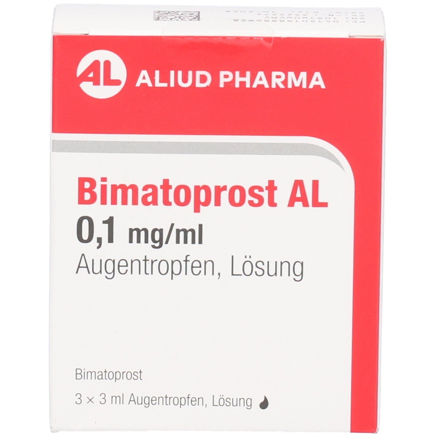 Verpackung von Bimatoprost AL 0,1 mg/ml Augentropfen. Rote und weiße Schachtel mit Produktinformationen.